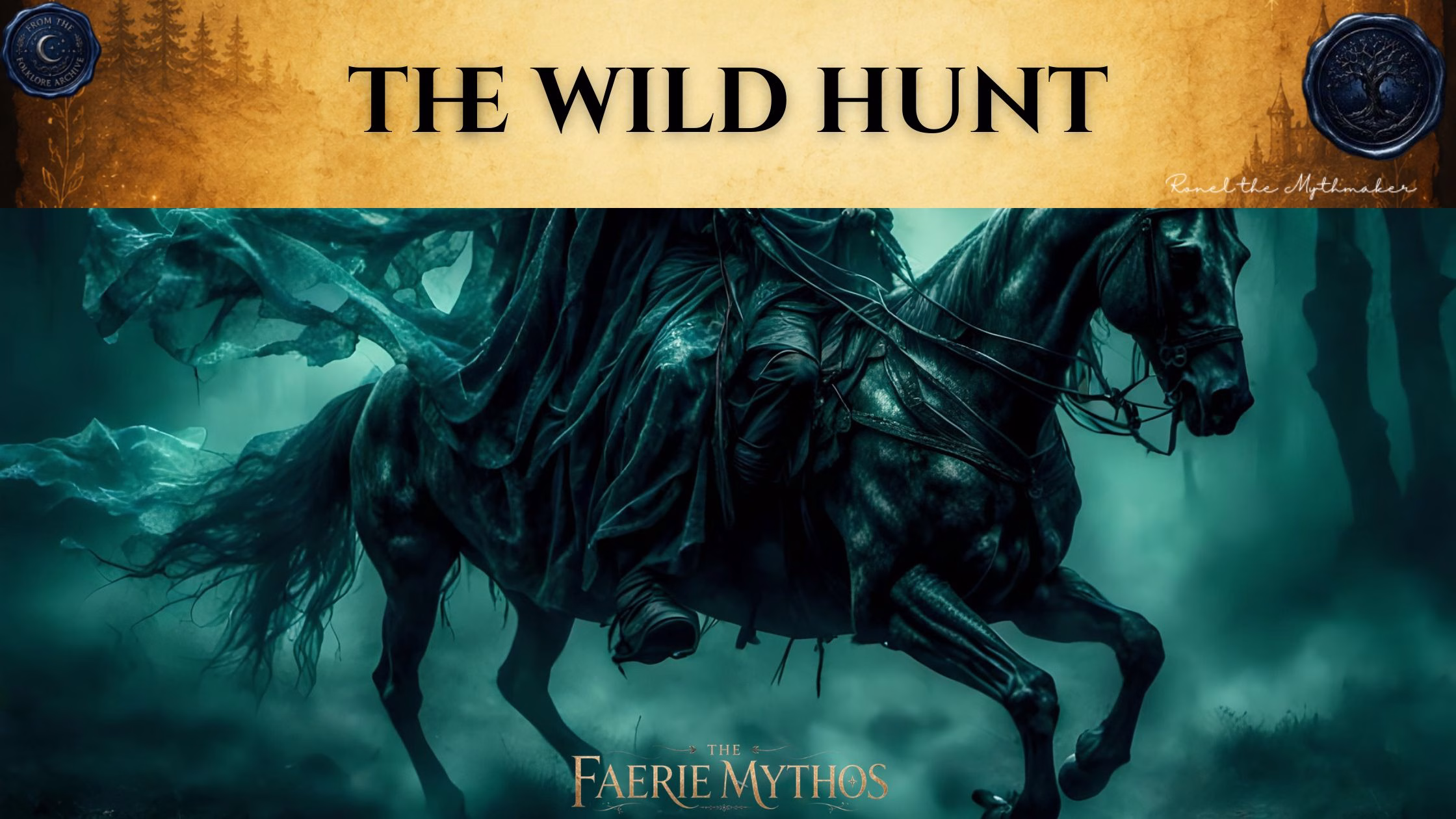 "A digital illustration for 'The Faerie Mythos' featuring a ghostly, dark figure riding a powerful, galloping horse through a misty, shadowed landscape, with tattered cloaks trailing behind them. The top of the image features a tan parchment-style banner with the text 'THE WILD HUNT' in black, flanked by circular seals."