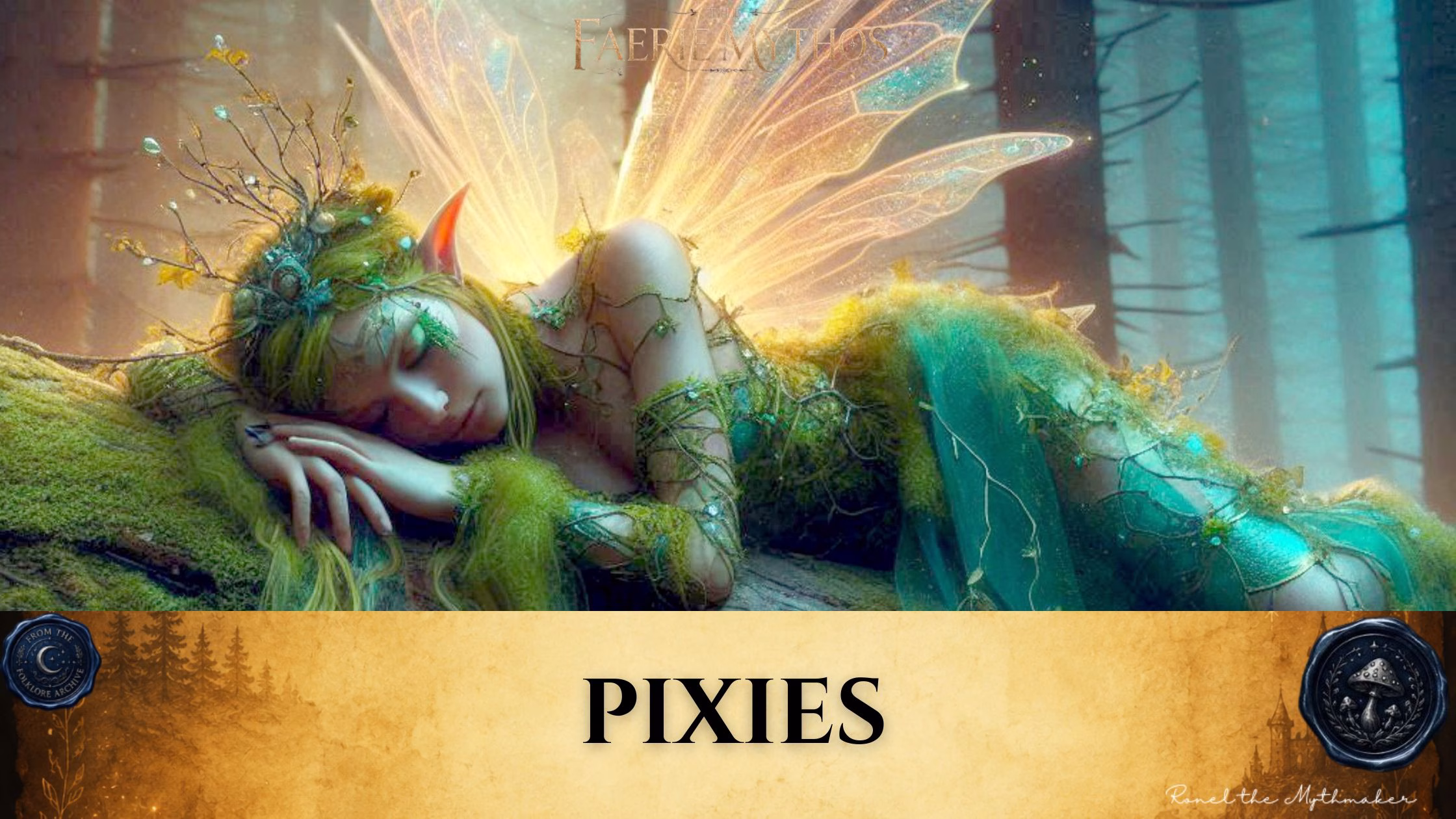 "A digital illustration of a sleeping forest faerie with gossamer wings, intertwined with moss, vines, and twigs, resting on a log in a misty woodland setting. Below the image, a parchment-colored banner displays the title 'PIXIES' in black text, flanked by circular wax-seal-style logos for 'From the Folklore Archive' and 'Ronel the Mythmaker'."