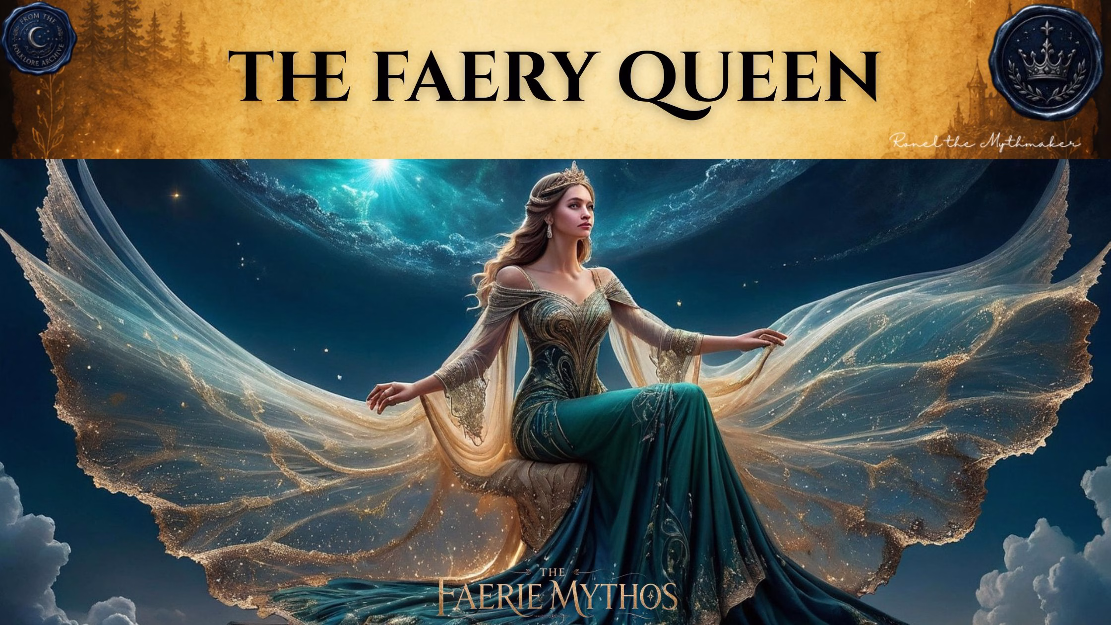 An ethereal, gothic-style blog banner titled "THE FAERY QUEEN" at the top in black serif font against a textured, parchment-colored background. The image features a central figure of a regal woman with long, flowing hair and a golden crown, wearing an elaborate, deep teal gown with intricate gold detailing and expansive, translucent, shimmering capes that sweep out behind her against a dark, celestial night sky filled with stars and nebulous clouds. At the bottom center, the text "THE FAERIE MYTHOS" appears in gold, and in the bottom right, there is a signature that reads "Ronel the Mythmaker." Two circular emblems with a crescent moon and a crown design are placed in the upper corners.