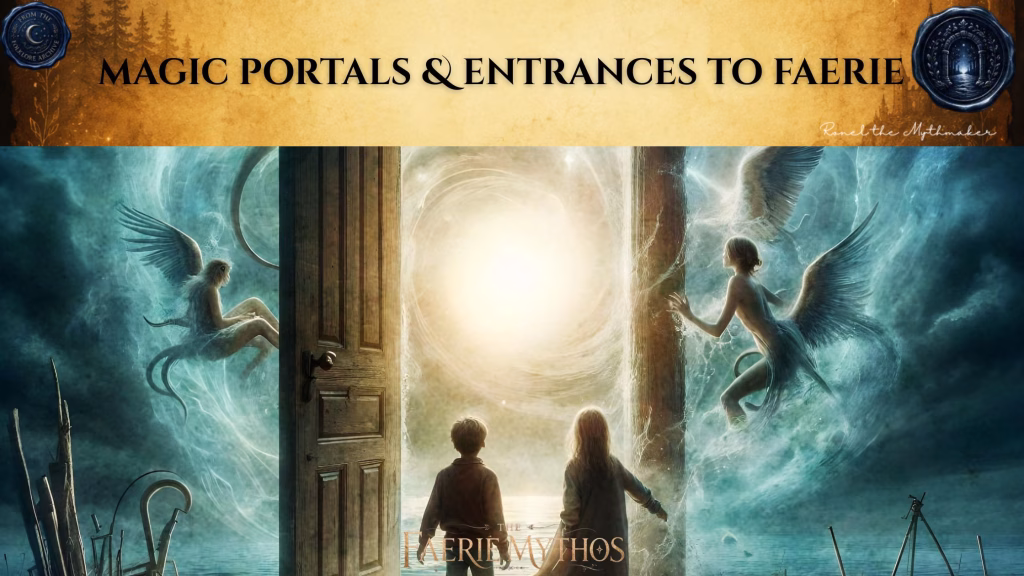 A banner titled "MAGIC PORTALS & ENTRANCES TO FAERIE" in elegant, dark-styled typography set against an antique, gold-textured background. The image depicts a wide-open wooden door standing in a misty, ethereal landscape, revealing a bright, swirling portal of light. On either side of the doorway, two winged, otherworldly faerie figures drift through the mist, while a young boy and girl stand in the foreground, looking toward the light. The bottom center features the logo "THE FAERIE MYTHOS," and the signature "Ronel the Mythmaker" appears in the upper right. Two circular wax-seal-style icons adorn the top corners, characteristic of the "Folklore Archive" branding.