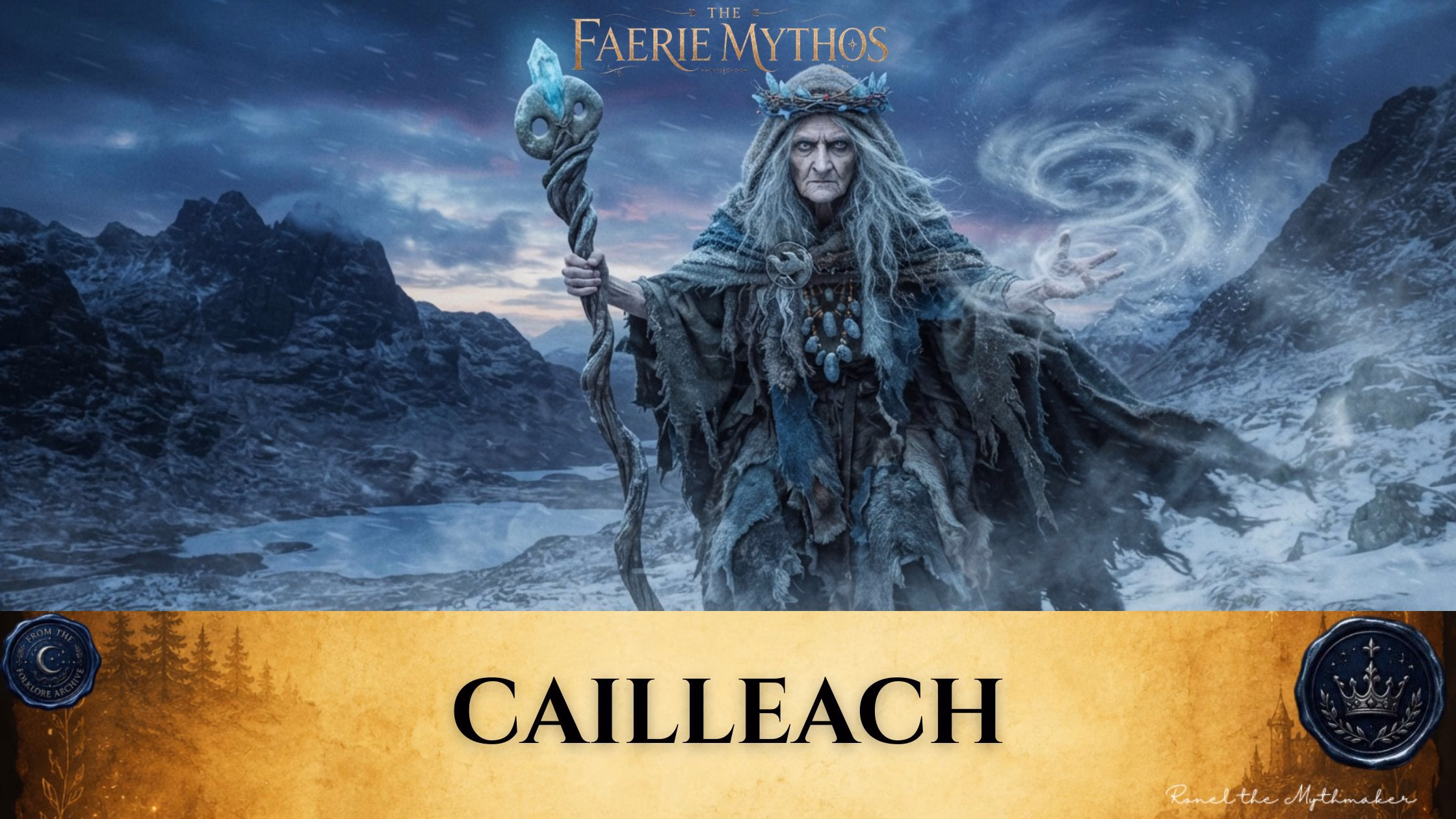 An atmospheric, gothic-style blog banner featuring a central image of the Cailleach, an elderly, weathered figure with long grey hair and a winter-inspired crown, standing in a snowy, mountainous landscape. She holds a gnarled staff topped with a glowing blue crystal in one hand and conjures a swirling vortex of frost and snow with the other. Below the image, the name "CAILLEACH" is displayed in a black serif font on a textured, parchment-colored background, accompanied by the text "THE FAERIE MYTHOS" at the top center, a signature by "Ronel the Mythmaker" in the bottom right, and two circular emblems featuring a crescent moon and a crown in the lower corners.