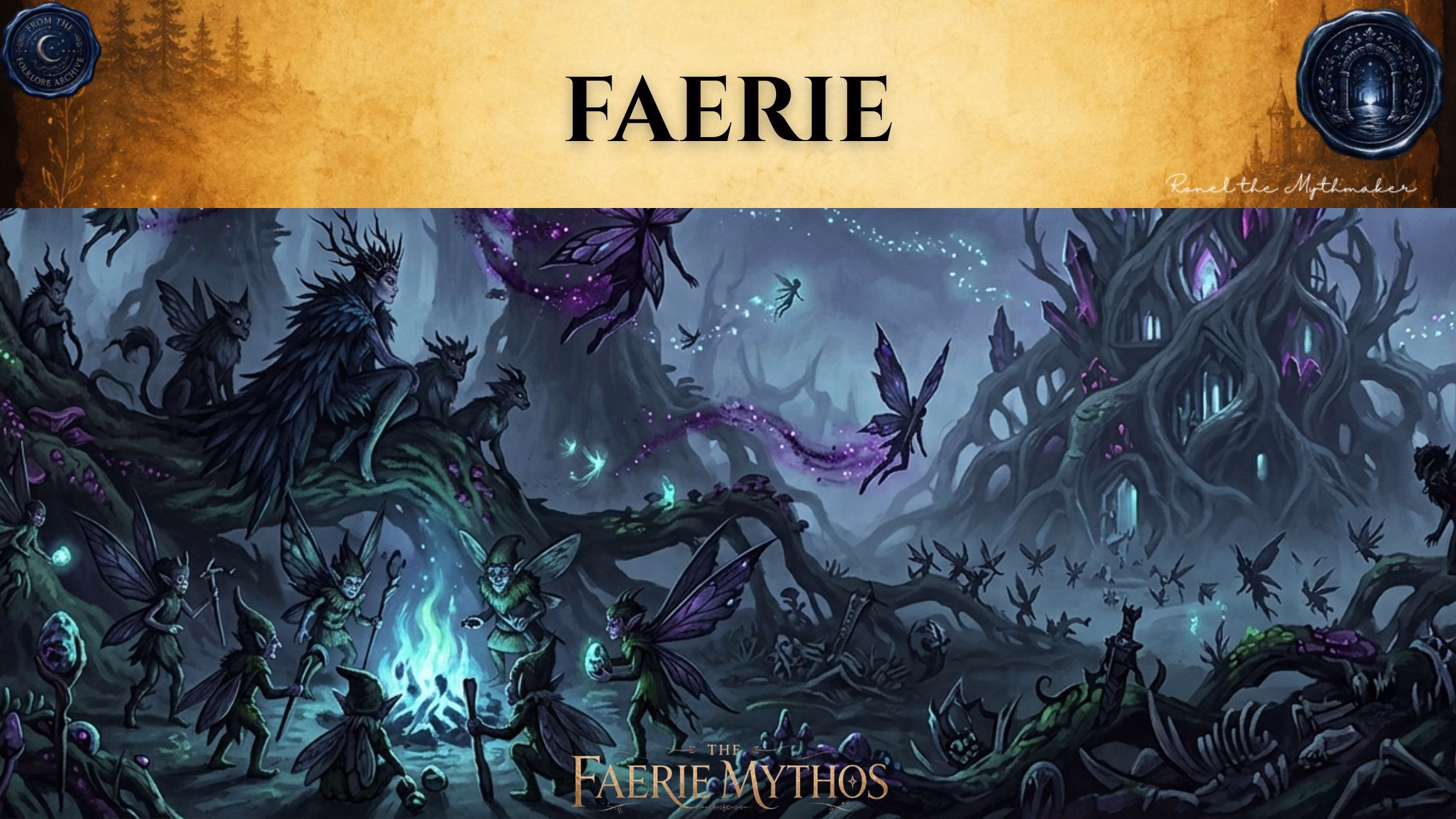 A banner titled "FAERIE" in dark, elegant typography set against an antique, gold-textured background. The image portrays a dark, enchanting forest scene filled with diverse faerie folk gathered around a glowing blue campfire, with winged beings flying through the air leaving trails of purple magical energy. In the background, a twisted, ancient tree structure houses an ethereal dwelling, consistent with the "dark folkloric" branding style. The bottom center features the logo "THE FAERIE MYTHOS," with the signature "Ronel the Mythmaker" in the upper right. The corners feature the "Folklore Archive" circular wax-seal-style icons.