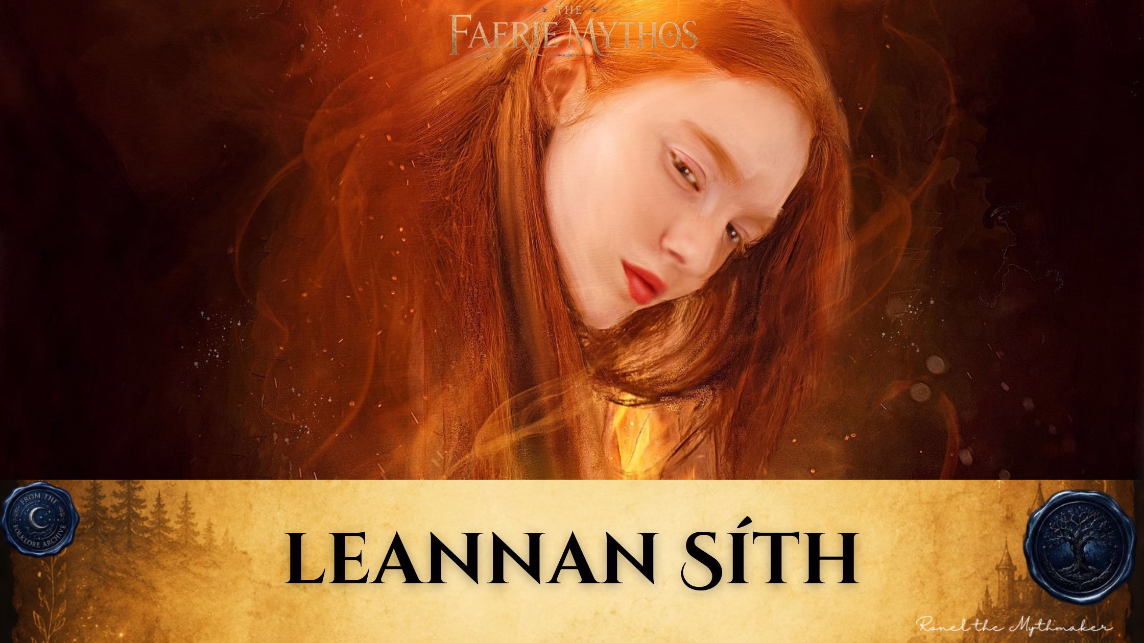 "A digital illustration for 'The Faerie Mythos' featuring a close-up, ethereal portrait of a woman with long red hair, her face glowing amidst a hazy, fiery orange background. The bottom of the image features a tan parchment-style banner with the text 'LEANNAN SÍTH' in black, flanked by circular seals."