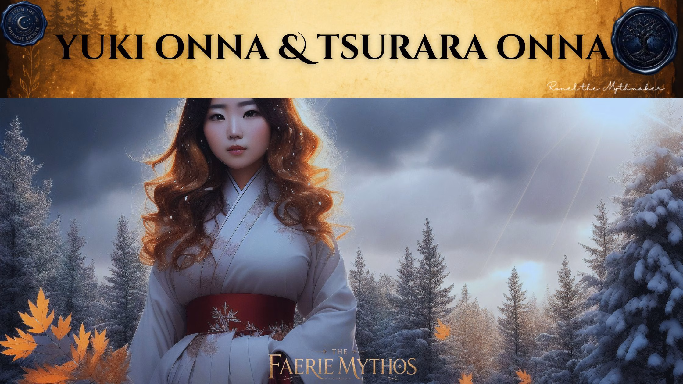 "A digital illustration for 'The Faerie Mythos' featuring a serene woman with long wavy hair, dressed in a traditional white kimono with a red sash, standing in a wintry, snow-covered forest with scattered autumn leaves. The top of the image features a tan parchment-style banner with the text 'YUKI ONNA & TSURARA ONNA' in black, flanked by circular seals."