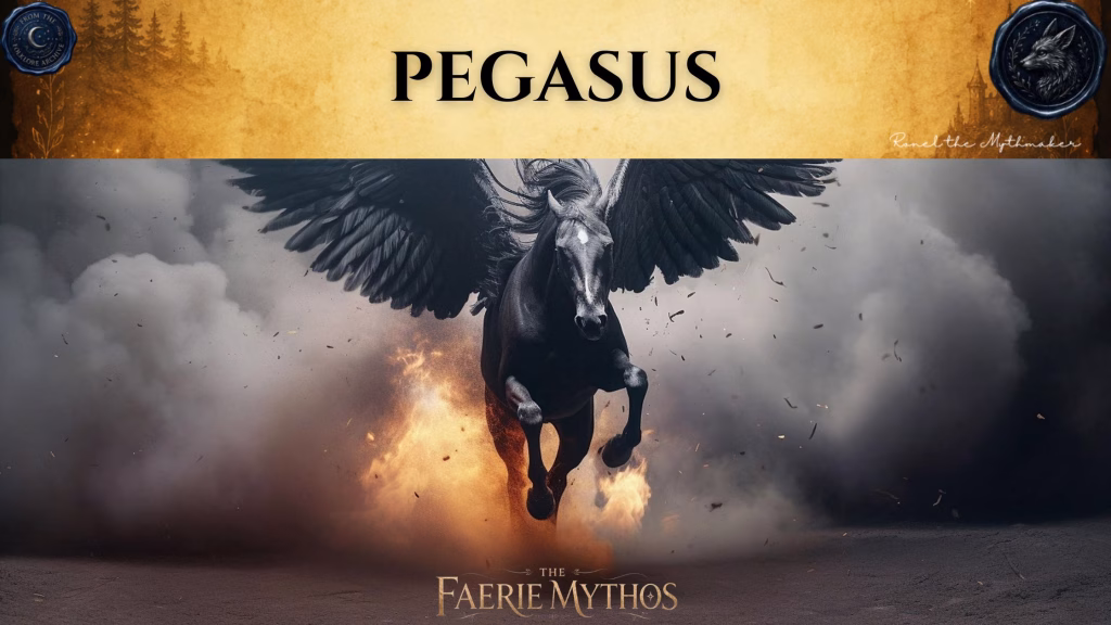 A character card from "The Faerie Mythos" titled "PEGASUS". The image features a powerful black winged horse galloping forward through a cloud of dust and flames. At the top, there is a branding banner with an antique paper texture featuring the text "PEGASUS" in large black letters, flanked by two circular wax-seal style emblems. In the top right corner of the banner is the signature "Ronel the Mythmaker".