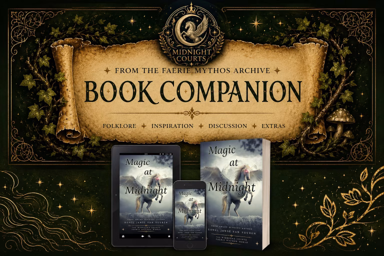 A decorative banner for "Midnight Courts: From the Faerie Mythos Archive - Book Companion," featuring a central scroll with text reading "FOLKLORE • INSPIRATION • DISCUSSION • EXTRAS." Below the scroll, mockups of a tablet, a smartphone, and a physical paperback book display the cover of Magic at Midnight by Ronel Janse van Vuuren. The background is dark green with ornate gold frames, glowing stars, and ivy.
