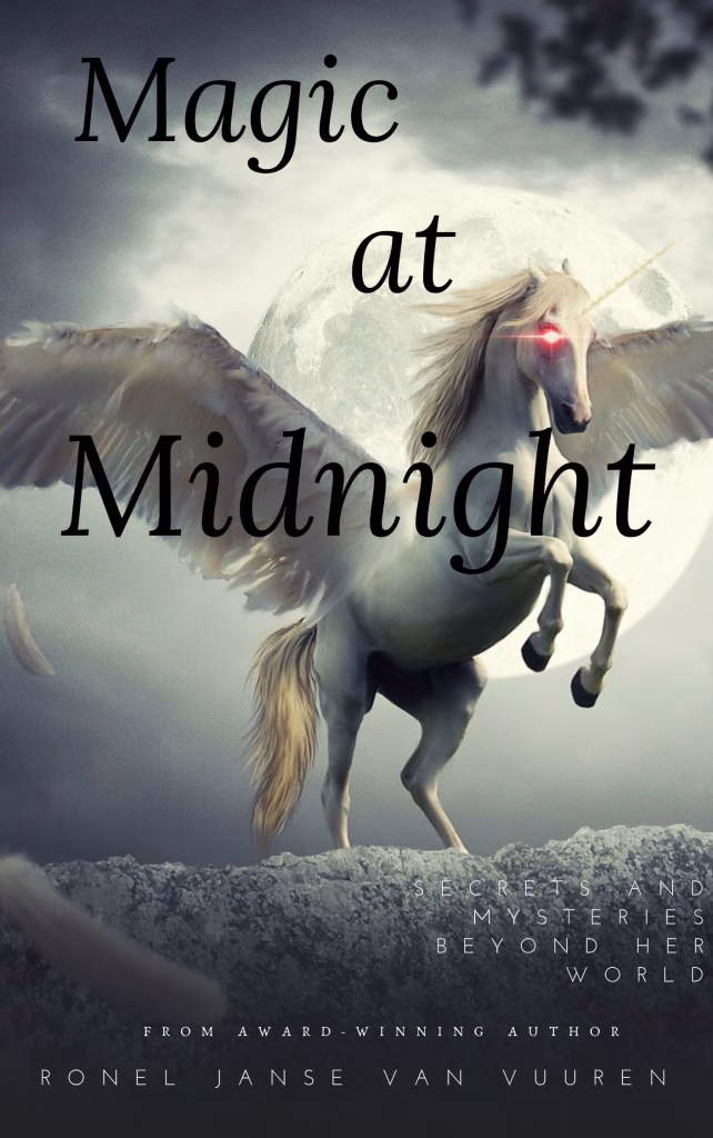Book cover for Magic at Midnight by Ronel Janse van Vuuren, featuring a majestic winged unicorn rearing up on a rocky ledge against a large full moon. The unicorn has glowing red eyes and a golden horn, and floating feathers drift through the moody, dark atmosphere. Additional text on the cover reads "Secrets and mysteries beyond her world" and "From award-winning author."