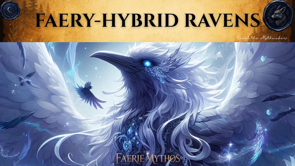 A character card from "The Faerie Mythos" titled "FAERY-HYBRID RAVENS". The image features a large, majestic raven with white plumage and glowing blue eyes, adorned with intricate, jewel-like details, set against a swirling, ethereal blue background with smaller ravens nearby. At the top, there is a branding banner with an antique paper texture featuring the text "FAERY-HYBRID RAVENS" in large black letters, flanked by two circular wax-seal style emblems. In the bottom right corner of the banner is the signature "Ronel the Mythmaker".