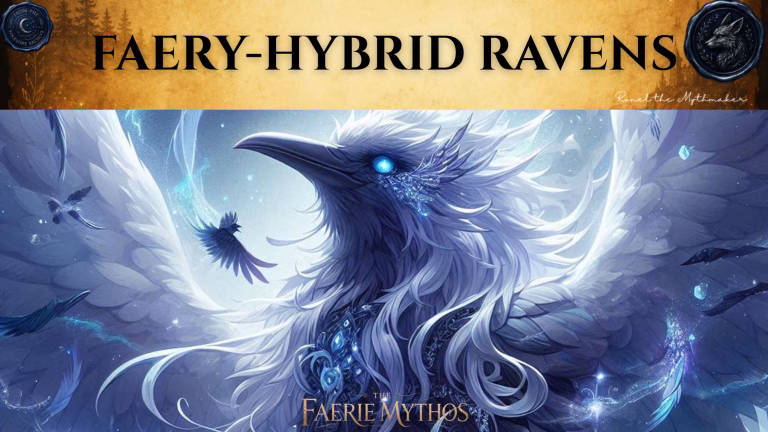 A character card from "The Faerie Mythos" titled "FAERY-HYBRID RAVENS". The image features a large, majestic raven with white plumage and glowing blue eyes, adorned with intricate, jewel-like details, set against a swirling, ethereal blue background with smaller ravens nearby. At the top, there is a branding banner with an antique paper texture featuring the text "FAERY-HYBRID RAVENS" in large black letters, flanked by two circular wax-seal style emblems. In the bottom right corner of the banner is the signature "Ronel the Mythmaker".