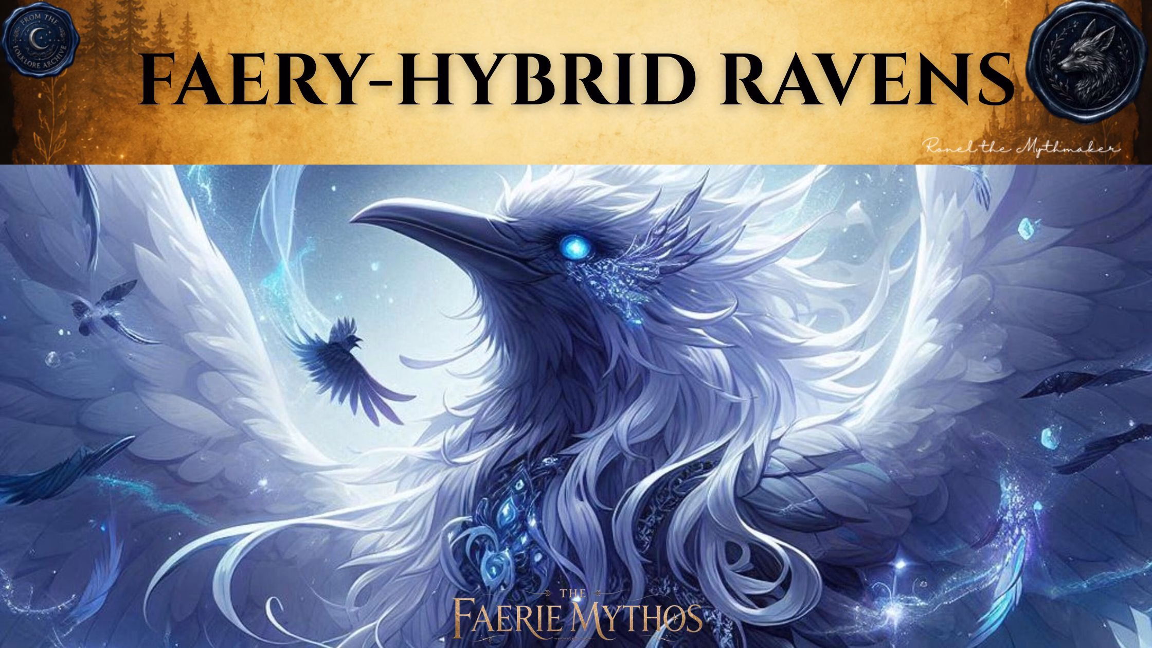 A character card from "The Faerie Mythos" titled "FAERY-HYBRID RAVENS". The image features a large, majestic raven with white plumage and glowing blue eyes, adorned with intricate, jewel-like details, set against a swirling, ethereal blue background with smaller ravens nearby. At the top, there is a branding banner with an antique paper texture featuring the text "FAERY-HYBRID RAVENS" in large black letters, flanked by two circular wax-seal style emblems. In the bottom right corner of the banner is the signature "Ronel the Mythmaker".