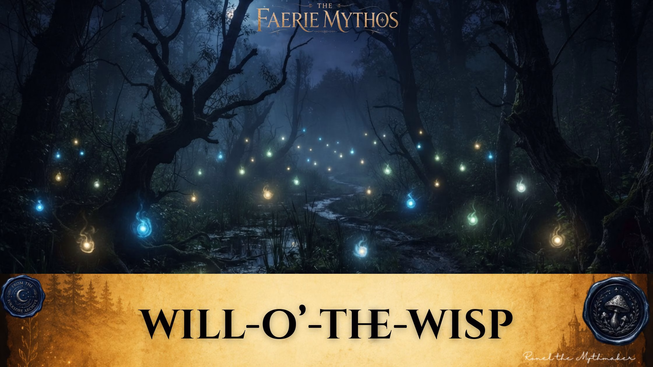 "A dark, atmospheric digital illustration of a misty, nighttime forest path illuminated by numerous floating blue and gold will-o'-the-wisps. Above the scene, the text 'The Faerie Mythos' is displayed. Below, a parchment-colored banner features the title 'WILL-O'-THE-WISP' in black text, flanked by circular wax-seal-style logos for 'From the Folklore Archive' and 'Ronel the Mythmaker'."