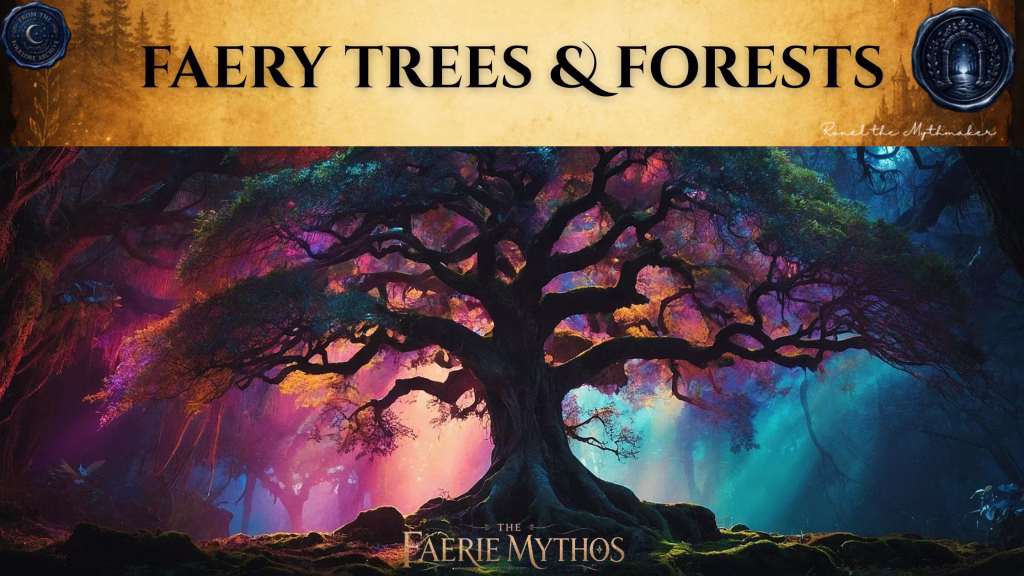 A banner titled "FAERY TREES & FORESTS" in elegant, dark-styled typography set against an antique, gold-textured background. The image displays a large, ancient tree with sprawling, twisted branches, illuminated by vibrant, multi-colored light in a dark, atmospheric forest setting, reflecting the "dark folkloric" aesthetic. The bottom center features the logo "THE FAERIE MYTHOS," with the signature "Ronel the Mythmaker" in the upper right. Circular wax-seal-style "Folklore Archive" icons are positioned in the top corners.
