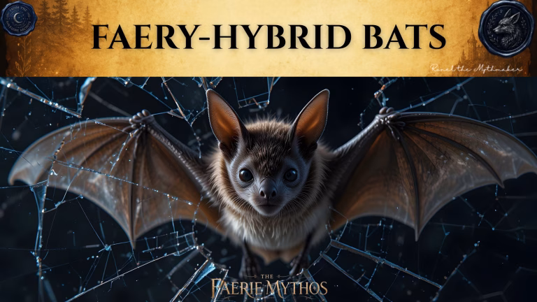 A character card from "The Faerie Mythos" titled "FAERY-HYBRID BATS". The image features a close-up of a brown, fuzzy bat with large, curious eyes, depicted as if it is emerging through a shattered glass pane against a dark background. At the top, there is a branding banner with an antique paper texture featuring the text "FAERY-HYBRID BATS" in large black letters, flanked by two circular wax-seal style emblems. In the bottom right corner of the banner is the signature "Ronel the Mythmaker".