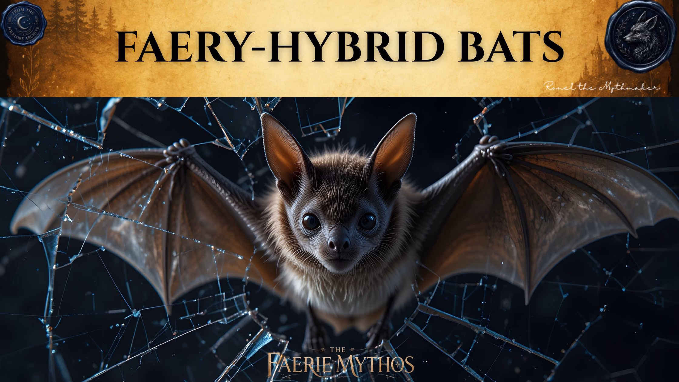A character card from "The Faerie Mythos" titled "FAERY-HYBRID BATS". The image features a close-up of a brown, fuzzy bat with large, curious eyes, depicted as if it is emerging through a shattered glass pane against a dark background. At the top, there is a branding banner with an antique paper texture featuring the text "FAERY-HYBRID BATS" in large black letters, flanked by two circular wax-seal style emblems. In the bottom right corner of the banner is the signature "Ronel the Mythmaker".