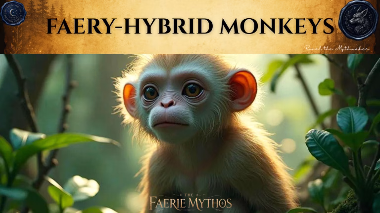 A character card from "The Faerie Mythos" titled "FAERY-HYBRID MONKEYS". The image features a close-up portrait of a small, wide-eyed monkey with light fur, backlit by soft, natural light in a lush, green forest environment. At the top, there is a branding banner with an antique paper texture featuring the text "FAERY-HYBRID MONKEYS" in large black letters, flanked by two circular wax-seal style emblems. In the bottom right corner of the banner is the signature "Ronel the Mythmaker".