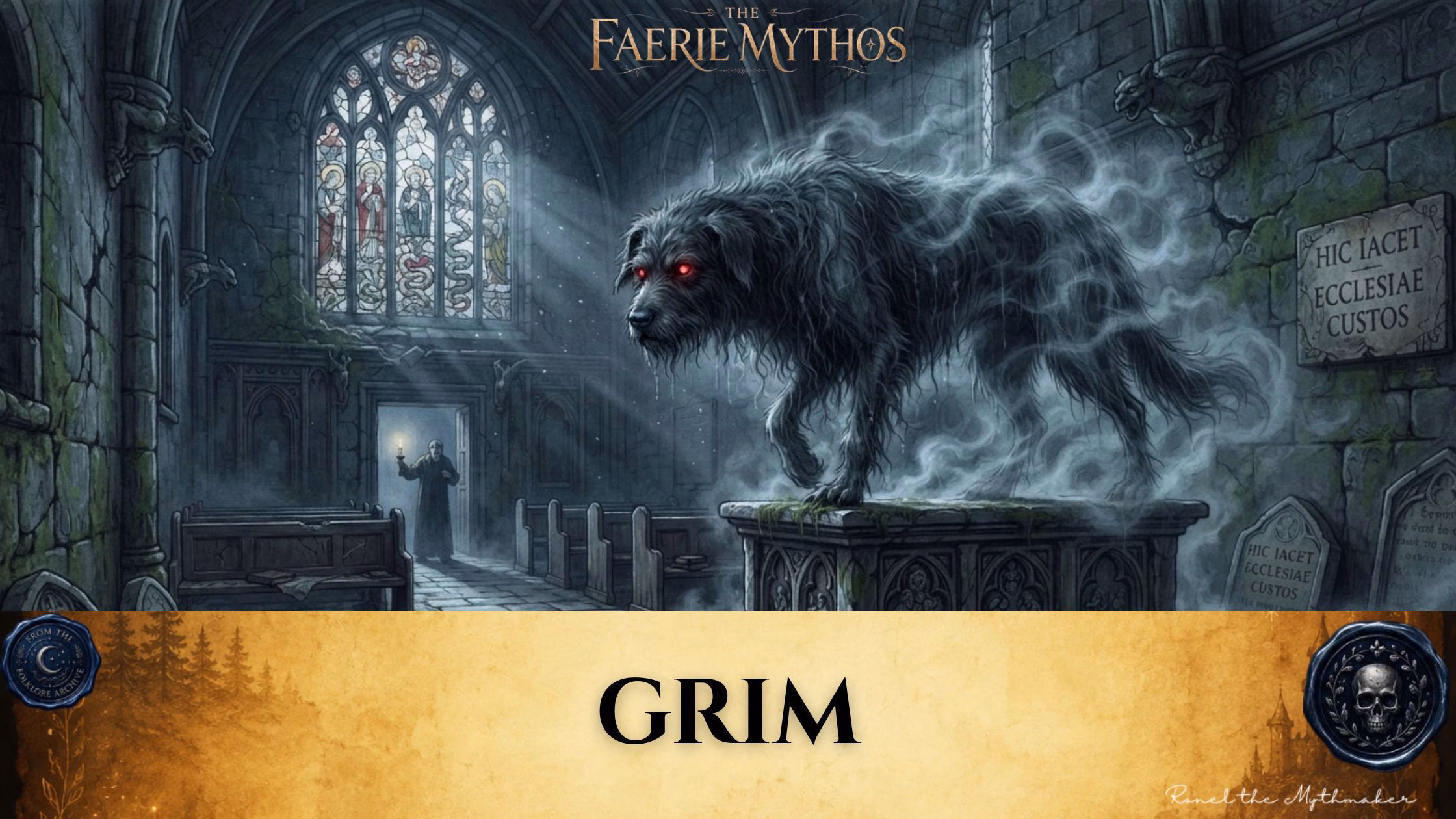 "A digital illustration titled 'The Faerie Mythos: Grim,' featuring a large, misty black dog with glowing red eyes standing atop a stone tomb inside a gothic church. In the background, a lone figure holding a candle stands in the doorway beneath a stained-glass window. The bottom features a parchment-colored banner with the text 'GRIM' in black, flanked by two circular decorative seals, and the signature 'Ronel the Mythmaker' in the corner."
