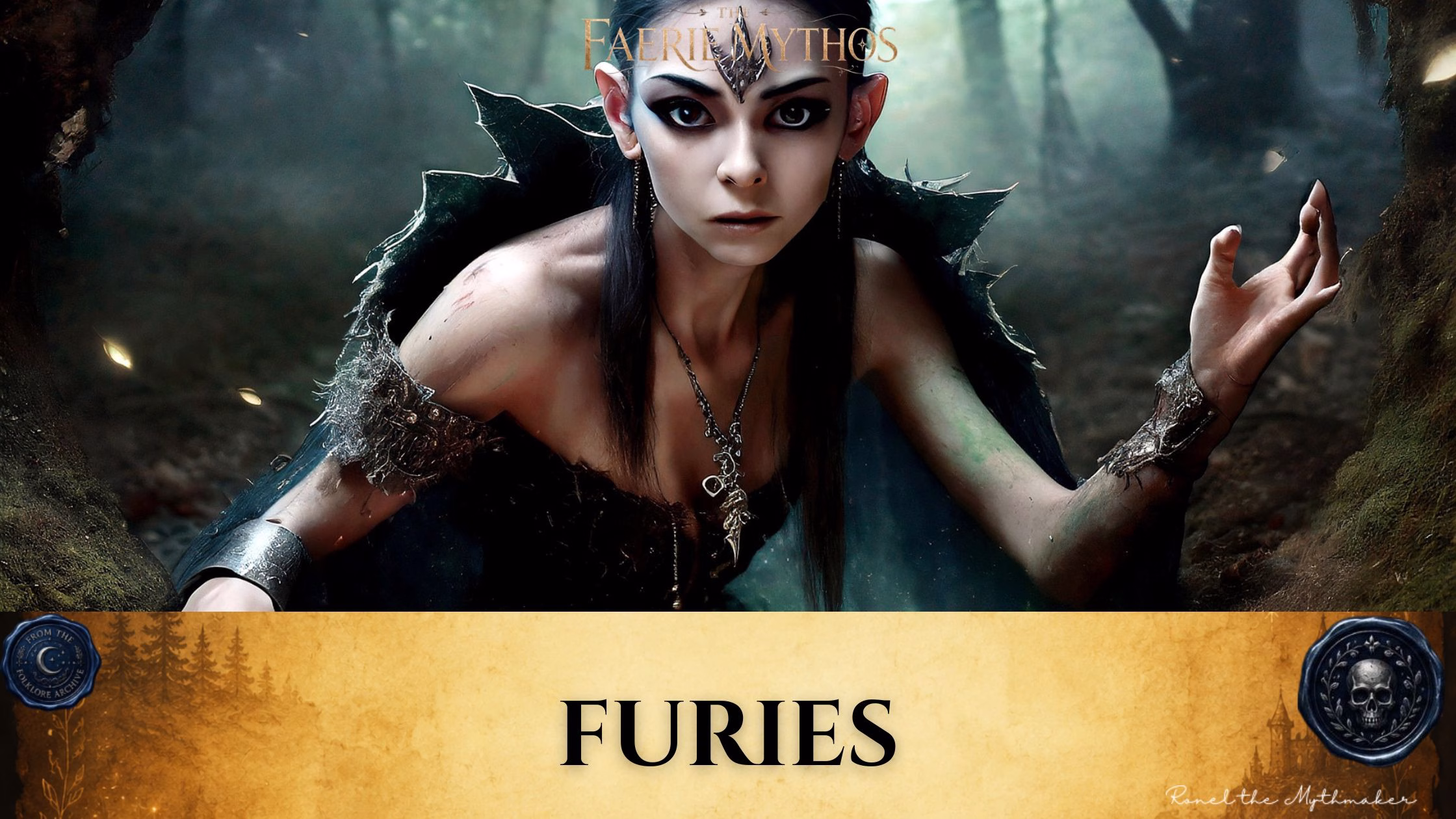 "A digital illustration titled 'The Faerie Mythos: Furies,' featuring a close-up of a sharp-featured, elven-like figure with intense eyes, dark makeup, and a jagged, dark cloak, positioned in a shadowy forest setting. The bottom features a parchment-colored banner with the text 'FURIES' in black, flanked by two circular decorative seals, and the signature 'Ronel the Mythmaker' in the corner."