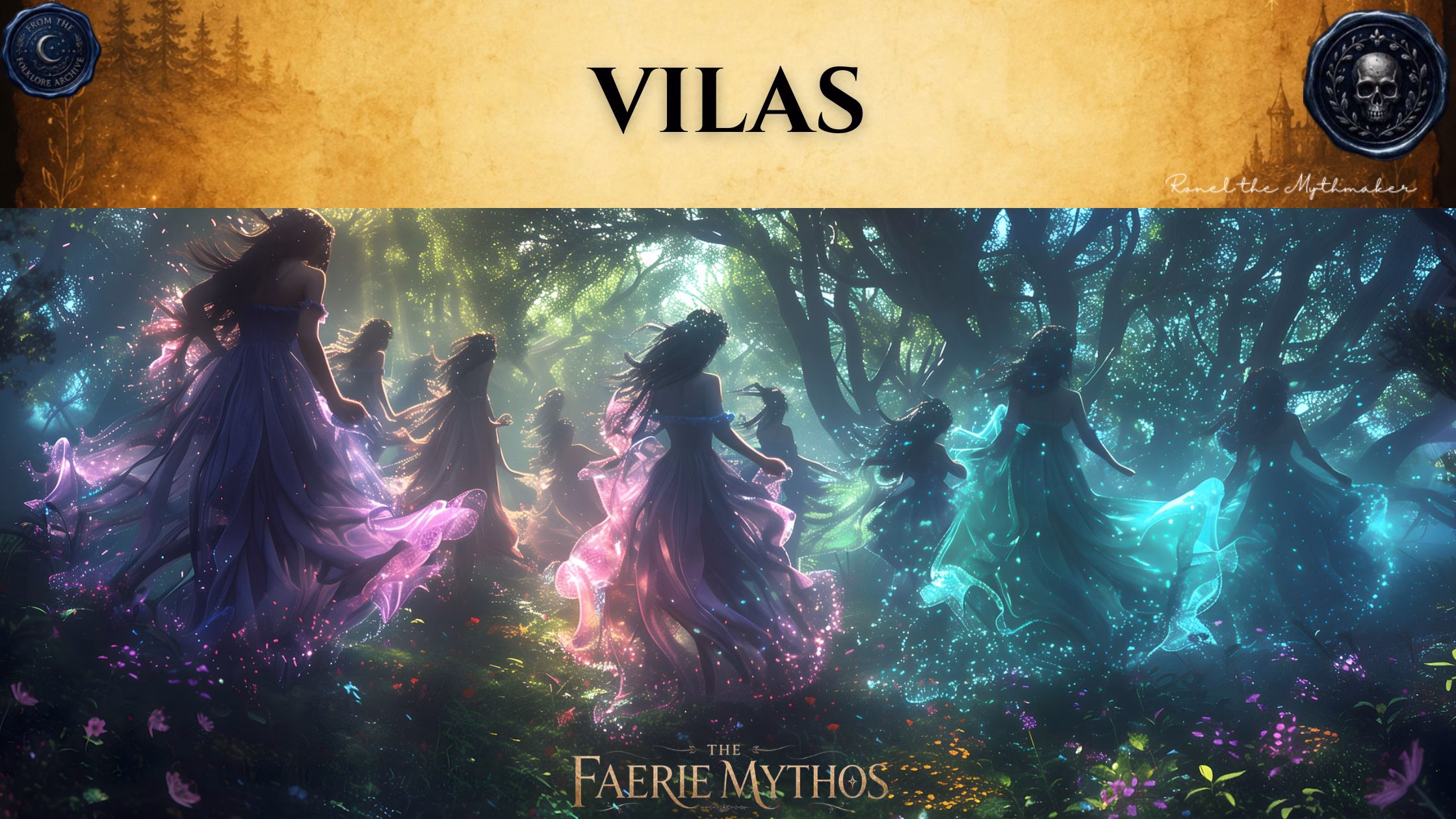 "A digital illustration titled 'The Faerie Mythos: Vilas,' depicting a group of ethereal, translucent figures in flowing dresses dancing through a magical, glowing forest floor at night. The top features a parchment-colored banner with the text 'VILAS' in black, flanked by two circular decorative seals, and the signature 'Ronel the Mythmaker' in the corner."