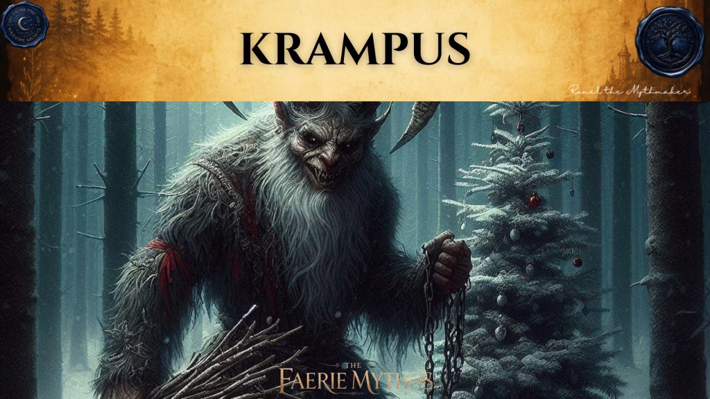 "A digital illustration for 'The Faerie Mythos' featuring Krampus, a shaggy, horned creature with a long beard and menacing expression, standing in a snowy forest next to a decorated Christmas tree. He holds a bundle of twigs in one hand and chains in the other. The top of the image features a tan parchment-style banner with the text 'KRAMPUS' in black, flanked by circular seals."