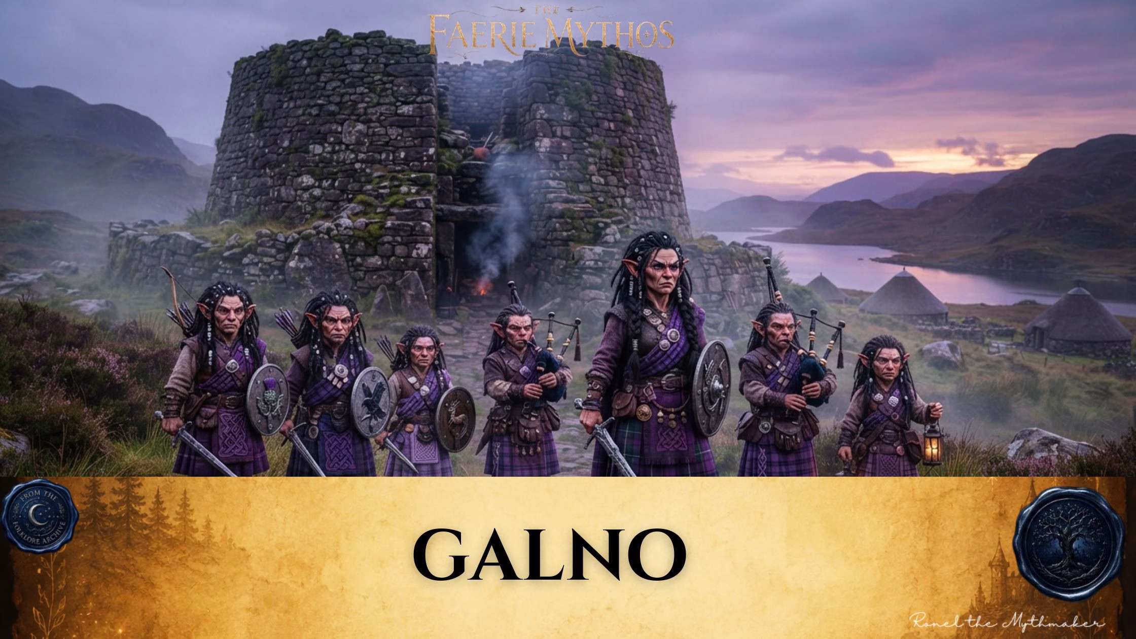 "A digital illustration for 'The Faerie Mythos' featuring a group of stern, elven-like warriors in traditional purple tartan clothing, some holding swords and shields, others playing bagpipes. They stand in front of an ancient, circular stone structure at sunset, with a misty landscape and lake in the background. The bottom of the image features a tan parchment-style banner with the text 'GALNO' in black, flanked by circular seals."