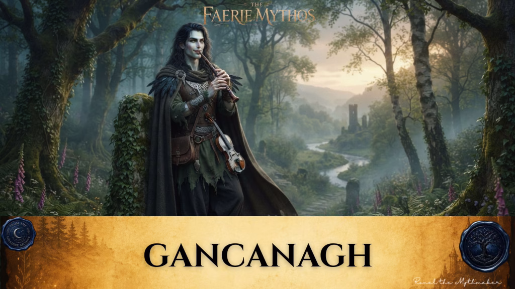 "A digital illustration for 'The Faerie Mythos' featuring an alluring, pale-skinned male figure with long dark hair, wearing a cloak and rustic attire, standing in an enchanted forest while playing a small pipe. A violin hangs at his side. The background shows a winding river and distant ruins in a soft, atmospheric light. The bottom of the image features a tan parchment-style banner with the text 'GANCANAGH' in black, flanked by circular seals."