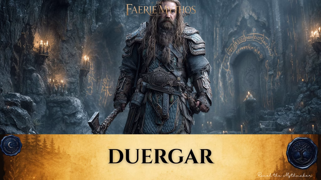 "A digital illustration for 'The Faerie Mythos' featuring a stout, bearded Duergar warrior clad in intricate, dark-etched plate armor, standing inside a dimly lit, ancient stone cavern adorned with glowing, mysterious runes and flickering candles. The figure holds a heavy, detailed axe. The bottom of the image features a tan parchment-style banner with the text 'DUERGAR' in black, flanked by circular seals."