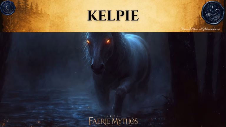 A digital illustration for "The Faerie Mythos" titled "KELPIE." The image depicts a dark, shadowy horse emerging from misty, dark water, with glowing, intense orange eyes staring forward. The scene follows the "Ronel the Mythmaker" and "The Folklore Archive" branding, characterized by an antique, gold-toned header featuring mist and faded accents.