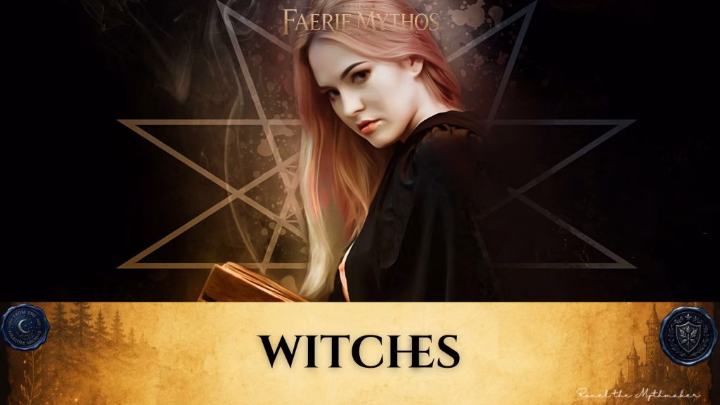Digital banner for "The Faerie Mythos." The upper section shows a portrait of a young woman with pale skin and strawberry blonde hair glancing over her shoulder with a serious, intense expression. She is wearing a black cloak and holds an open, leather-bound book in front of her. Wisps of smoke curl up from the left side of the scene. In the dark background behind her, an intricate, geometric seven-pointed star (septagram) is faintly illuminated with a golden glow. Across the bottom, a wide, textured gold parchment banner displays the word "WITCHES" in bold black serif lettering. The banner is anchored by two dark blue wax seals: one on the left reading "From the Folklore Archive" and one on the right featuring a shield emblem. The lower right corner includes the signature "Ronel the Mythmaker" in a white script font.