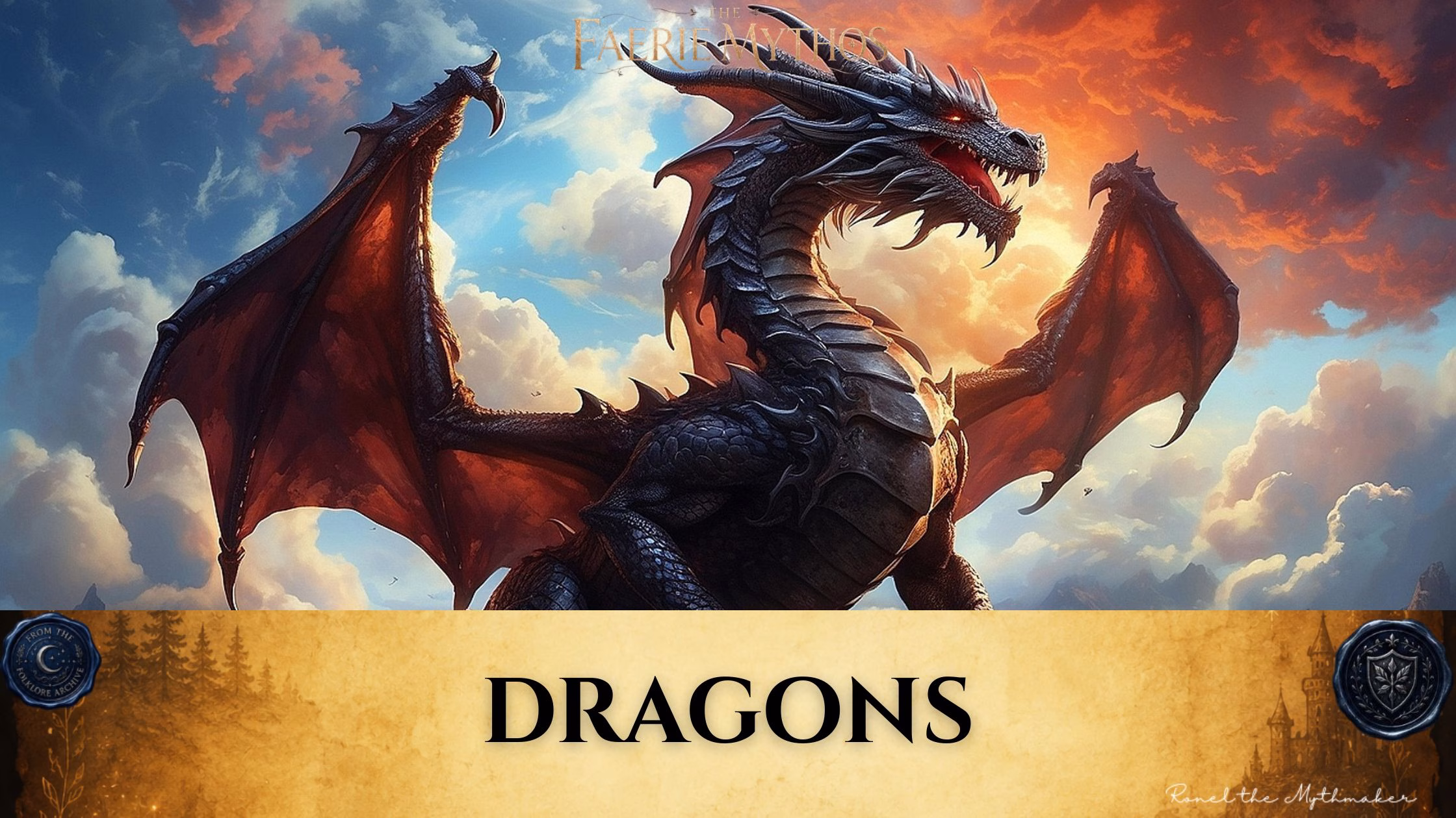 Digital banner for "The Faerie Mythos." The upper section depicts a massive, muscular black dragon with sharp scales, spinal spikes, and large curved horns, captured mid-roar with its mouth slightly open and eyes glowing faint orange. Its grand, leathery wings are spread wide on either side, displaying a dark reddish-orange underside. The dragon stands against a dramatic, split sky background featuring soft blue and white clouds on the left and a vibrant orange and red sunset on the right. Across the bottom, a wide, textured gold parchment banner displays the word "DRAGONS" in bold black serif lettering. The banner is anchored by two dark blue wax seals: one on the left reading "From the Folklore Archive" and one on the right featuring a shield emblem. The lower right corner includes the signature "Ronel the Mythmaker" in a white script font.