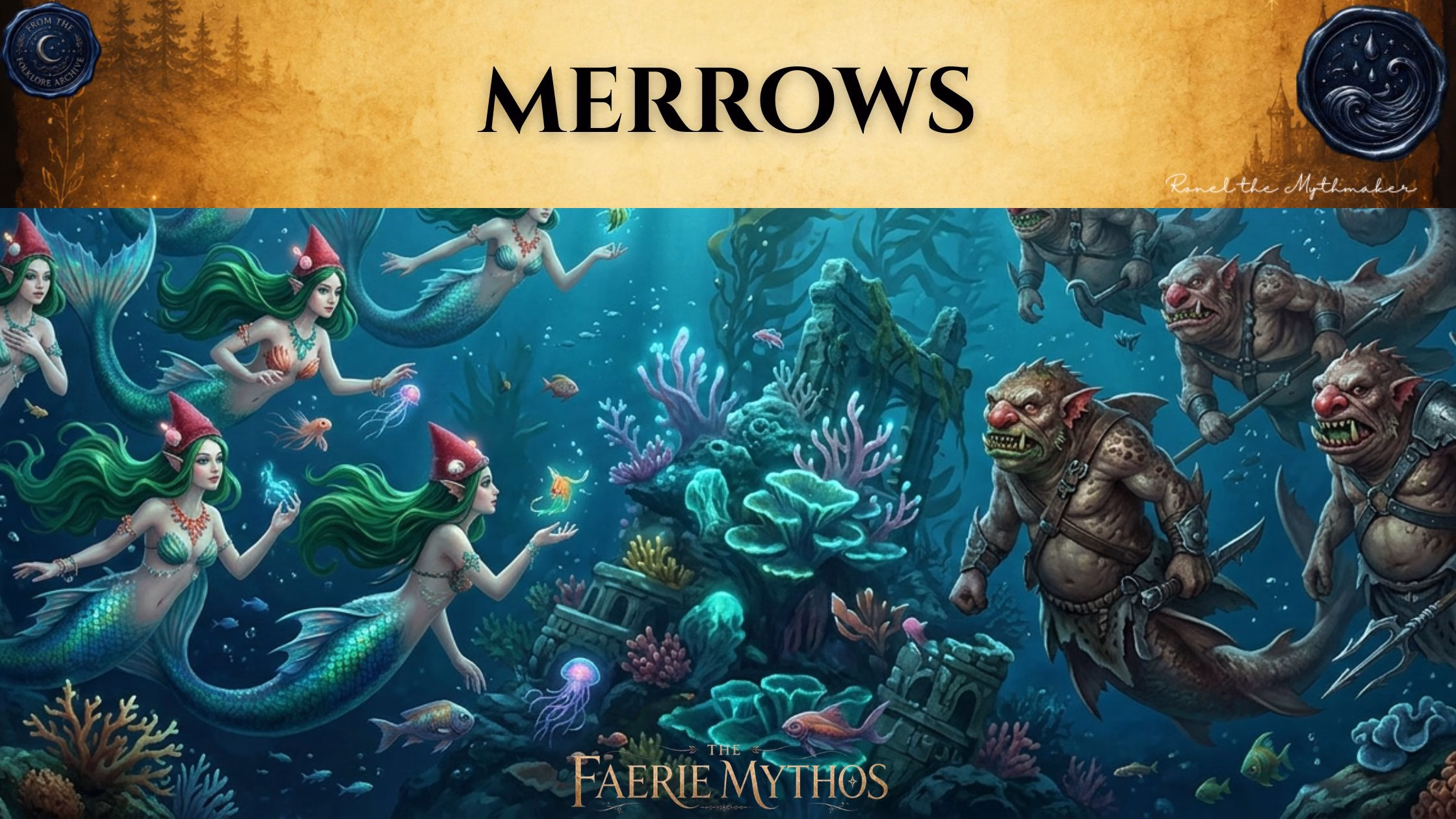 A digital illustration for "The Faerie Mythos" titled "MERROWS." The scene is set underwater, where graceful, green-haired mermaids wearing red, conical caps interact with glowing sea life on the left, while brutish, shark-like mermen armed with blades approach from the right near an ancient ruin. The composition adheres to the "Ronel the Mythmaker" and "The Folklore Archive" branding style, featuring an antique, gold-toned header with mist and faded accents.
