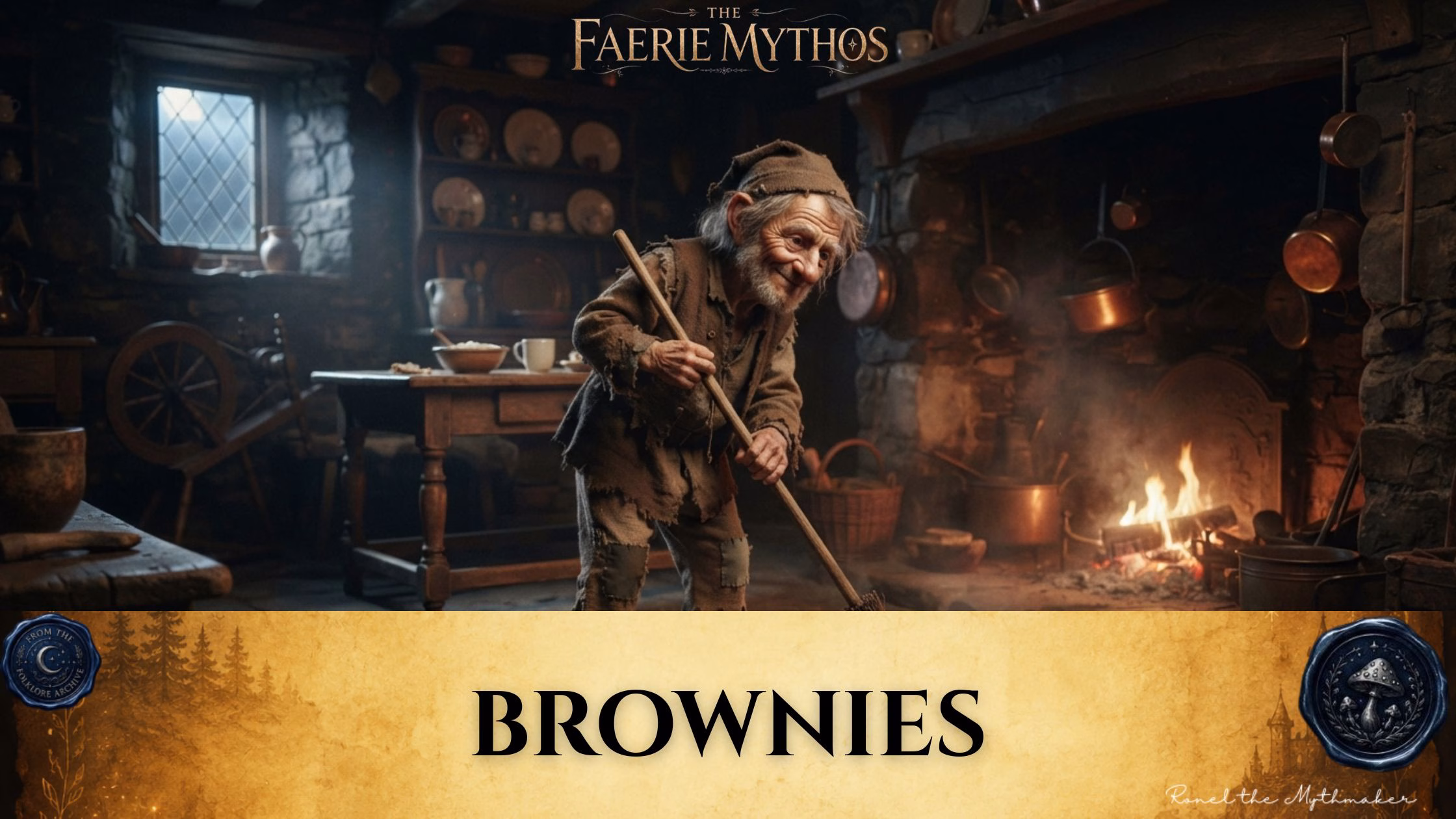 "A digital illustration set in a rustic, dimly lit cottage interior featuring an elderly, kindly-looking brownie dressed in patched, brown clothing, sweeping the floor near a warm fireplace. Above the scene, the text 'The Faerie Mythos' is displayed. Below, a parchment-colored banner features the title 'BROWNIES' in black text, flanked by circular wax-seal-style logos for 'From the Folklore Archive' and 'Ronel the Mythmaker'."