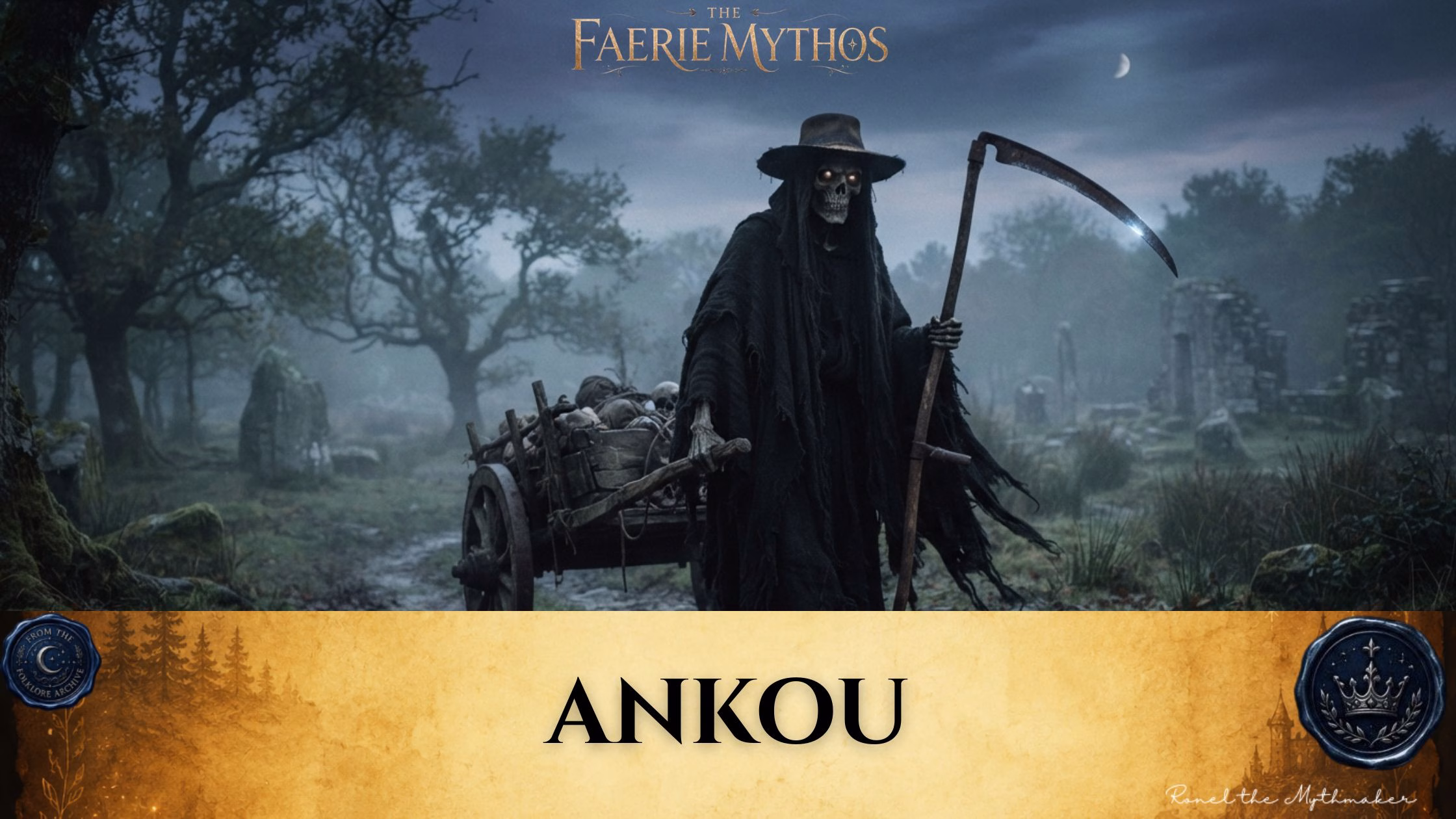 An atmospheric, gothic-style blog banner featuring a central image of the Ankou, a skeletal figure wearing a wide-brimmed hat and dark, tattered robes, standing in a misty, dark forest landscape at dusk. The figure holds a large scythe and pulls a wooden cart filled with skulls. Below the image, the name "ANKOU" is displayed in a black serif font on a textured, parchment-colored background, accompanied by the text "THE FAERIE MYTHOS" at the top center, a signature by "Ronel the Mythmaker" in the bottom right, and two circular emblems featuring a crescent moon and a crown in the lower corners.
