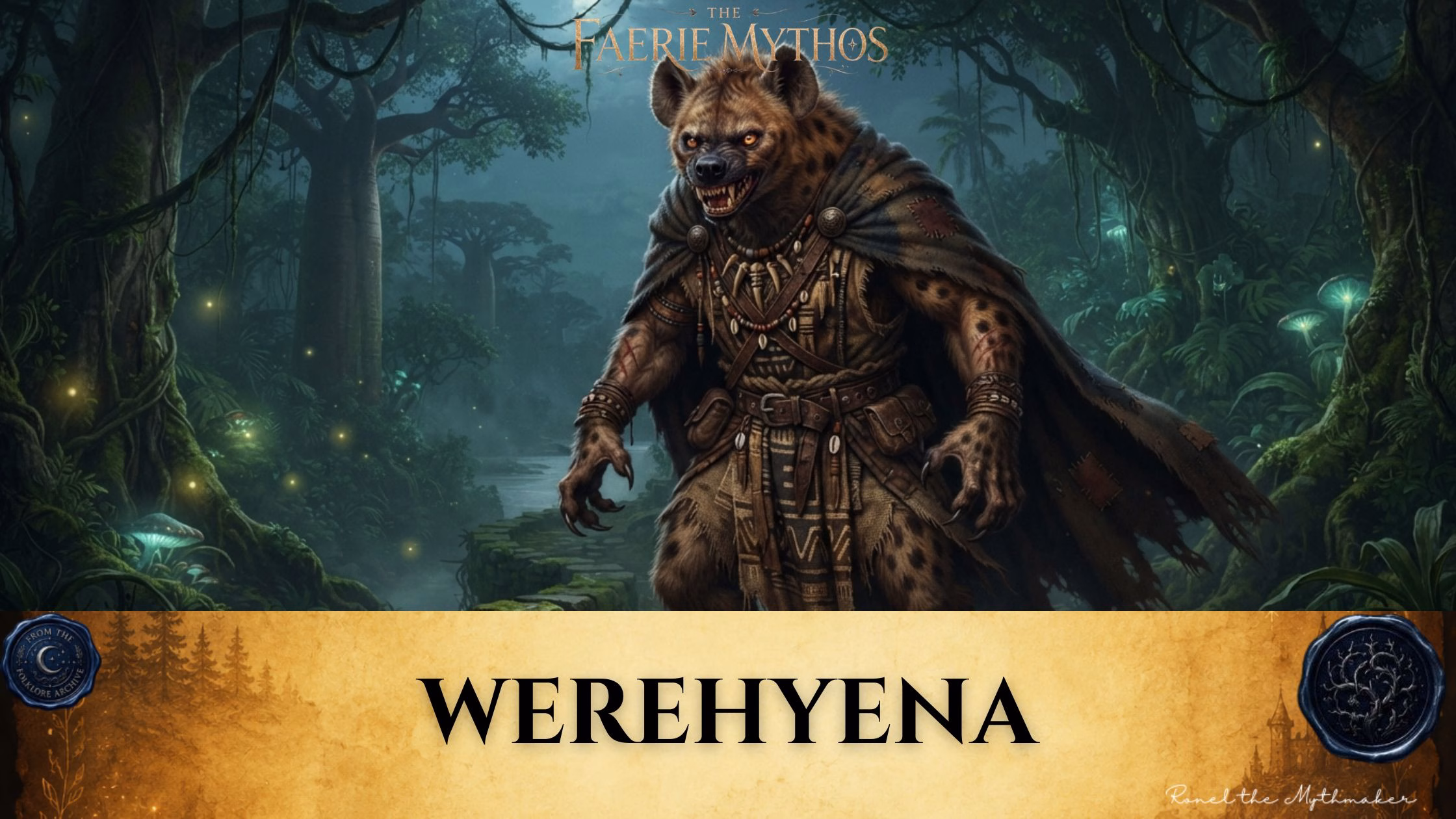 A dark fantasy illustration titled "The Faerie Mythos: Werehyena." The upper portion displays a parchment-colored banner with the bold, centered text "WEREHYENA," flanked by two circular, embossed-style seals. Below this, a fierce, anthropomorphic werehyena wearing tribal-style armor, a tattered cloak, and necklaces made of teeth and shells stands in a dense, glowing jungle at night.
