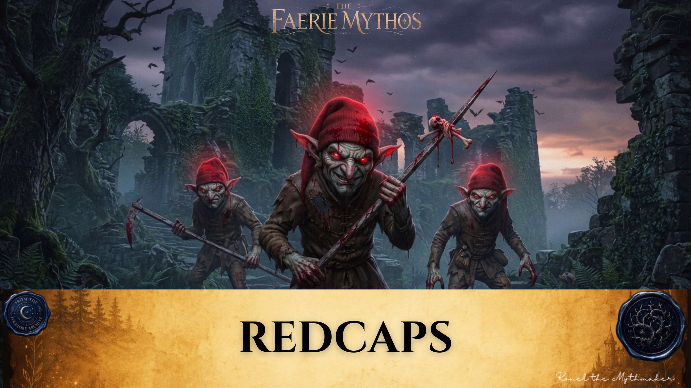 A dark fantasy illustration titled "The Faerie Mythos: Redcaps." The upper portion displays a parchment-colored banner with the bold, centered text "REDCAPS," flanked by two circular, embossed-style seals. Below this, three sinister, goblin-like creatures wearing blood-stained red caps and ragged clothing stand before crumbling stone ruins, clutching weapons and sporting glowing red eyes.