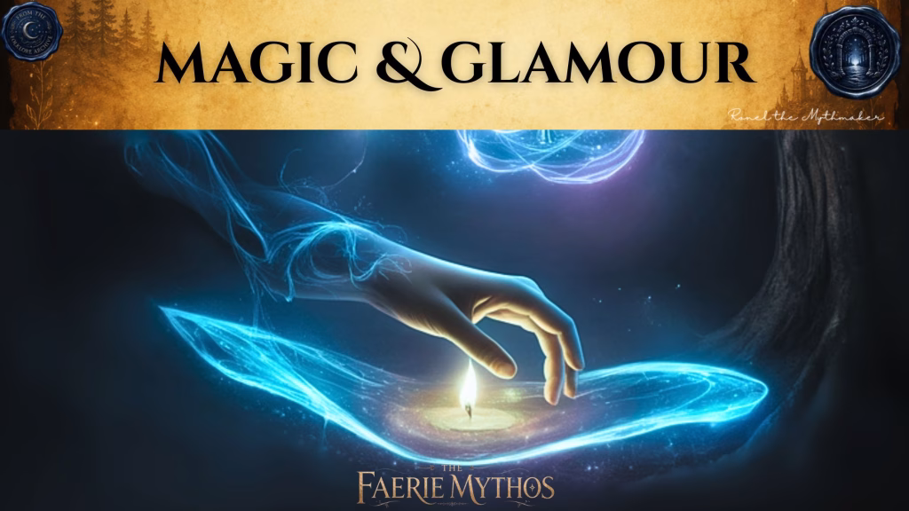 A banner titled "MAGIC & GLAMOUR" in elegant, dark-styled typography set against an antique, gold-textured background. The image features a graceful, spectral hand reaching toward a small, flickering candle flame, surrounded by swirls of luminous blue magical energy against a dark, ethereal backdrop. The bottom center displays "THE FAERIE MYTHOS" logo, with the signature "Ronel the Mythmaker" in the upper right. The top corners include the "Folklore Archive" circular wax-seal-style icons, maintaining the consistent dark folkloric branding style.