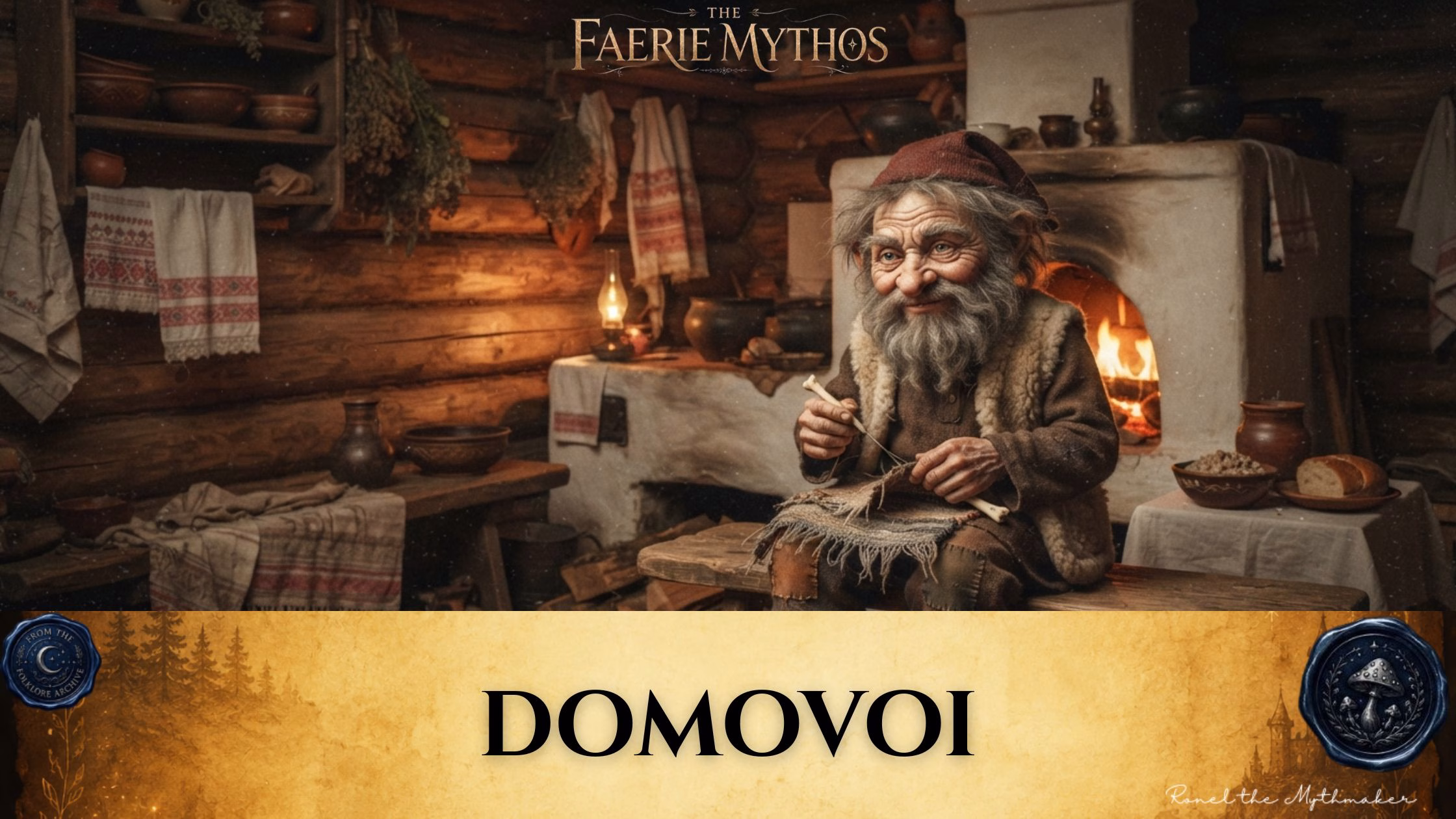 "A digital illustration set in a cozy, rustic log cabin interior featuring an elderly, bearded Domovoi wearing a cap and vest, sitting on a bench while mending fabric by the warm light of a fireplace. Above the scene, the text 'The Faerie Mythos' is displayed. Below, a parchment-colored banner features the title 'DOMOVOI' in black text, flanked by circular wax-seal-style logos for 'From the Folklore Archive' and 'Ronel the Mythmaker'."