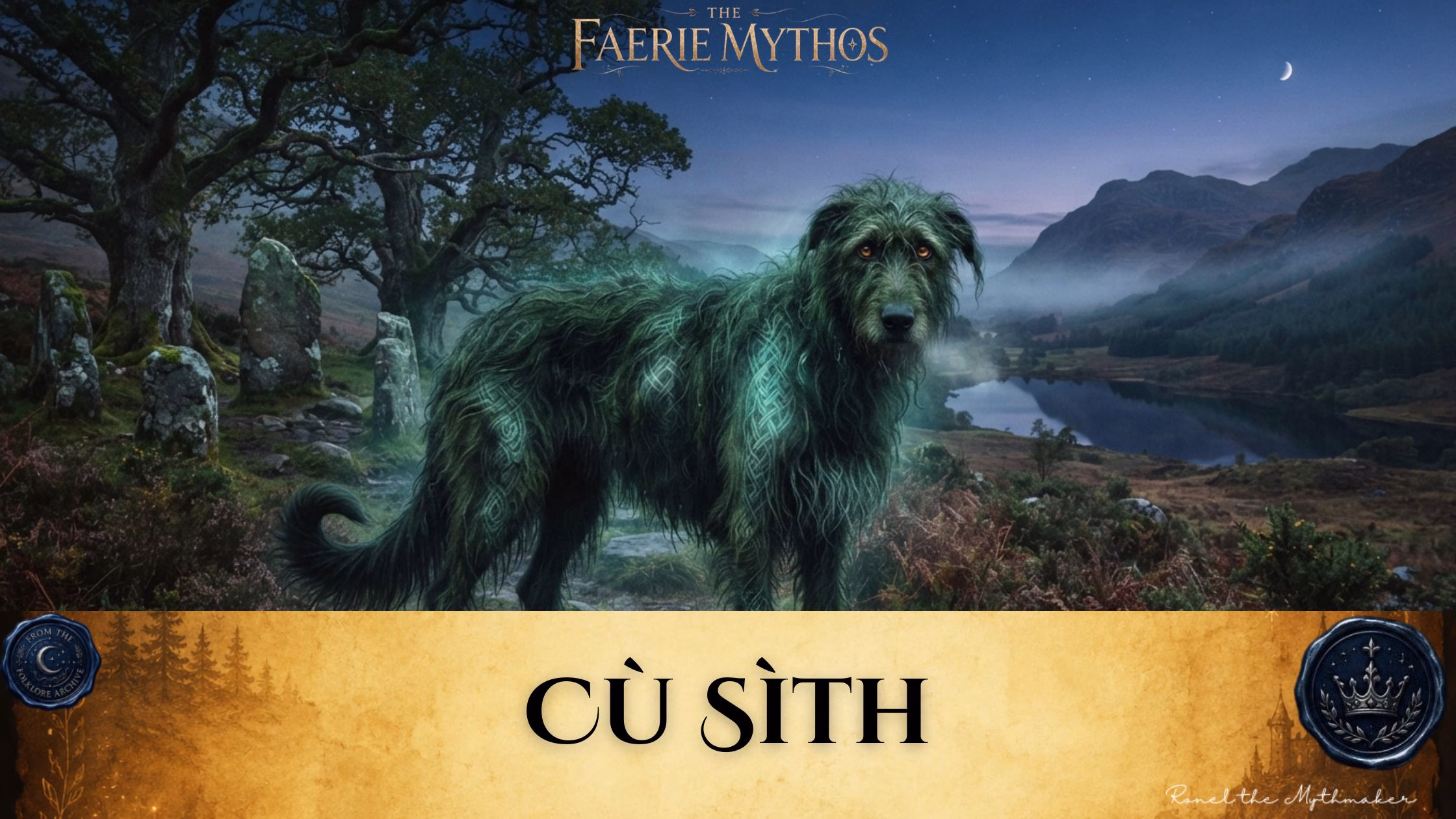 An atmospheric, gothic-style blog banner featuring a central image of the Cù Sìth, a large, spectral hound with long, shaggy, dark green fur and glowing eyes, standing in a misty, highland landscape near an ancient stone circle. The hound's coat features subtle, swirling Celtic-inspired patterns. Below the image, the name "CÙ SÌTH" is displayed in a black serif font on a textured, parchment-colored background, accompanied by the text "THE FAERIE MYTHOS" at the top center, a signature by "Ronel the Mythmaker" in the bottom right, and two circular emblems featuring a crescent moon and a crown in the lower corners.