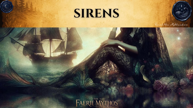 A digital illustration for "The Faerie Mythos" titled "SIRENS." A siren with a dark, intricate, lace-like tail sits amidst flowers on a rocky shore, looking toward a misty sailing ship in the distance. The scene follows the "Ronel the Mythmaker" and "The Folklore Archive" branding, characterized by an antique, gold-toned header featuring mist and faded accents.