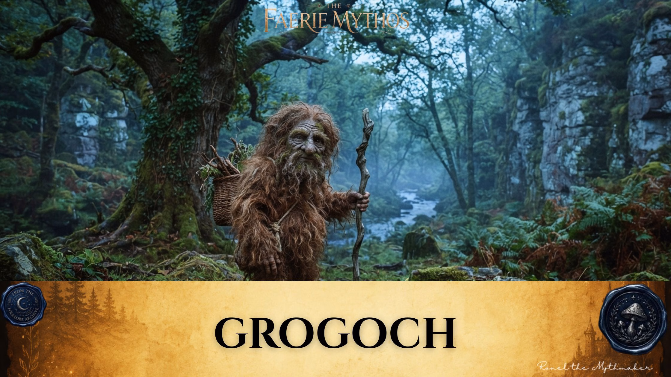 "A digital illustration of a Grogoch, depicted as a rugged, hairy humanoid figure carrying a basket of twigs on its back and holding a wooden walking staff, standing in a lush, mossy woodland beside a stream. Above the scene, the text 'The Faerie Mythos' is displayed. Below, a parchment-colored banner features the title 'GROGOCH' in black text, flanked by circular wax-seal-style logos for 'From the Folklore Archive' and 'Ronel the Mythmaker'."