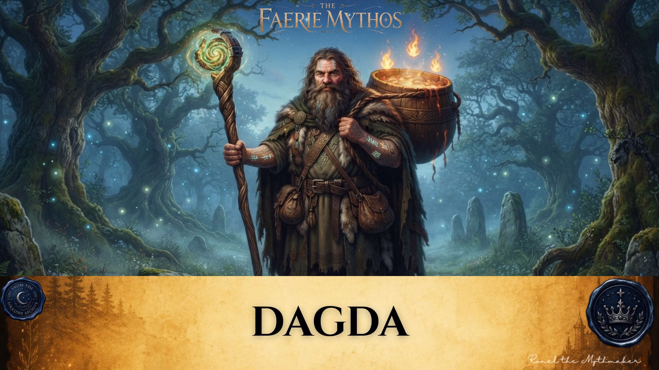 An atmospheric, gothic-style blog banner featuring a central image of the Dagda, a burly, bearded figure with flowing hair, holding a gnarled staff topped with a glowing, spiraling green light in one hand, and carrying a large, flaming wooden cauldron on his back. He is standing in a misty, enchanted forest filled with glowing fireflies and ancient stone monoliths. Below the image, the name "DAGDA" is displayed in a black serif font on a textured, parchment-colored background, accompanied by the text "THE FAERIE MYTHOS" at the top center, a signature by "Ronel the Mythmaker" in the bottom right, and two circular emblems featuring a crescent moon and a crown in the lower corners.