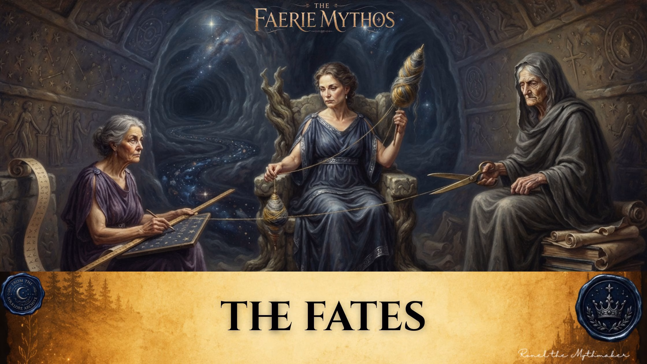 An atmospheric, gothic-style blog banner featuring a central image of the three Fates in a dimly lit, cavernous chamber with a cosmic backdrop. On the left, an older woman in a purple robe writes on a tablet. In the center, a woman in a blue gown sits on a throne, spinning thread from a distaff. On the right, an elderly woman in a dark, hooded cloak holds a pair of shears to the thread. Below the image, the name "THE FATES" is displayed in a black serif font on a textured, parchment-colored background, accompanied by the text "THE FAERIE MYTHOS" at the top center, a signature by "Ronel the Mythmaker" in the bottom right, and two circular emblems featuring a crescent moon and a crown in the lower corners.