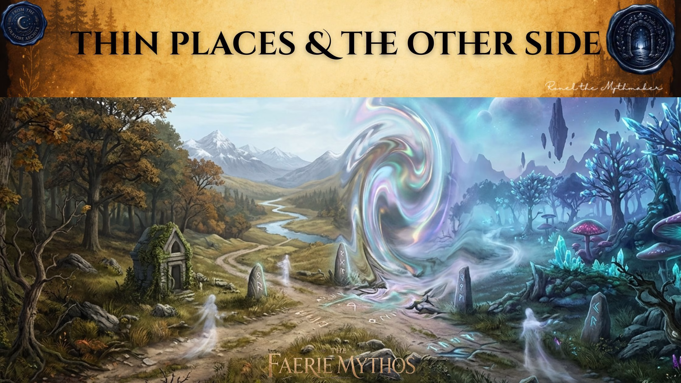 A banner titled "THIN PLACES & THE OTHER SIDE" in elegant, dark-styled typography set against an antique, gold-textured background. The image displays a landscape split between a natural, misty meadow with ancient standing stones and a surreal, glowing realm filled with crystalline flora and floating islands, separated by a shimmering, swirling portal. Several translucent, ghostly figures wander along a path leading to the portal, and the scene is framed by the "The Faerie Mythos" logo at the bottom center and the "Folklore Archive" wax-seal-style icons in the top corners. The signature "Ronel the Mythmaker" is in the upper right.