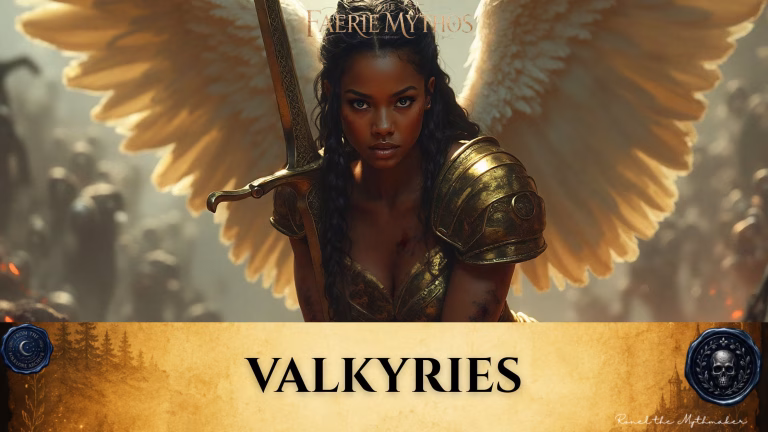 "A digital illustration titled 'The Faerie Mythos: Valkyries,' depicting a winged female warrior with a determined expression, wearing gold armor and holding a sword. She is set against a hazy, atmospheric battlefield background. The bottom features a parchment-colored banner with the text 'VALKYRIES' in black, flanked by two circular decorative seals, and the signature 'Ronel the Mythmaker' in the corner."