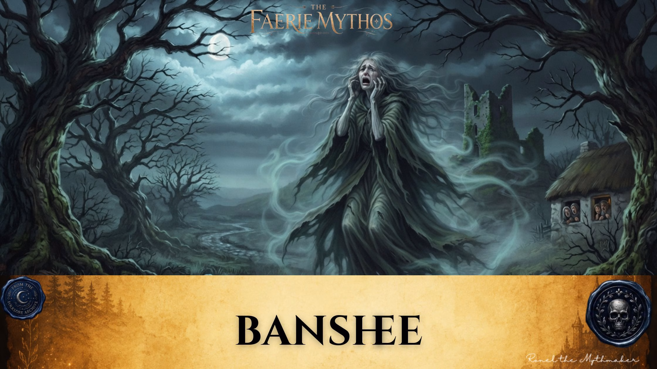 "A digital illustration titled 'The Faerie Mythos: Banshee,' featuring a sorrowful, spectral woman with long hair and tattered robes, wailing in a dark, moonlit forest landscape. In the background are the ruins of a stone building and a small cottage with curious onlookers at a window. The bottom features a parchment-colored banner with the text 'BANSHEE' in black, flanked by two circular decorative seals, and the signature 'Ronel the Mythmaker' in the corner."
