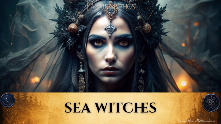 Digital banner for "The Faerie Mythos." The upper section features a striking, dark fantasy close-up portrait of a woman looking directly forward with an intense gaze. She has pale skin, vivid amber-orange eyes, deep blue eyeshadow, and dark hair. She wears an elaborate, ornate crown or headdress adorned with intricate metalwork, jewels, a hanging silver cross-like pendant on her forehead, and textured black coral-like or frosted structures framing her face. Long, detailed tassel earrings hang from her ears, and a sheer, dark tattered veil drifts behind her into a smoky backdrop illuminated by dim orange fires. Across the bottom, a wide, textured gold parchment banner displays the words "SEA WITCHES" in bold black serif lettering. The banner is anchored by two dark blue wax seals: one on the left reading "From the Folklore Archive" and one on the right featuring a shield emblem. The lower right corner includes the signature "Ronel the Mythmaker" in a white script font.