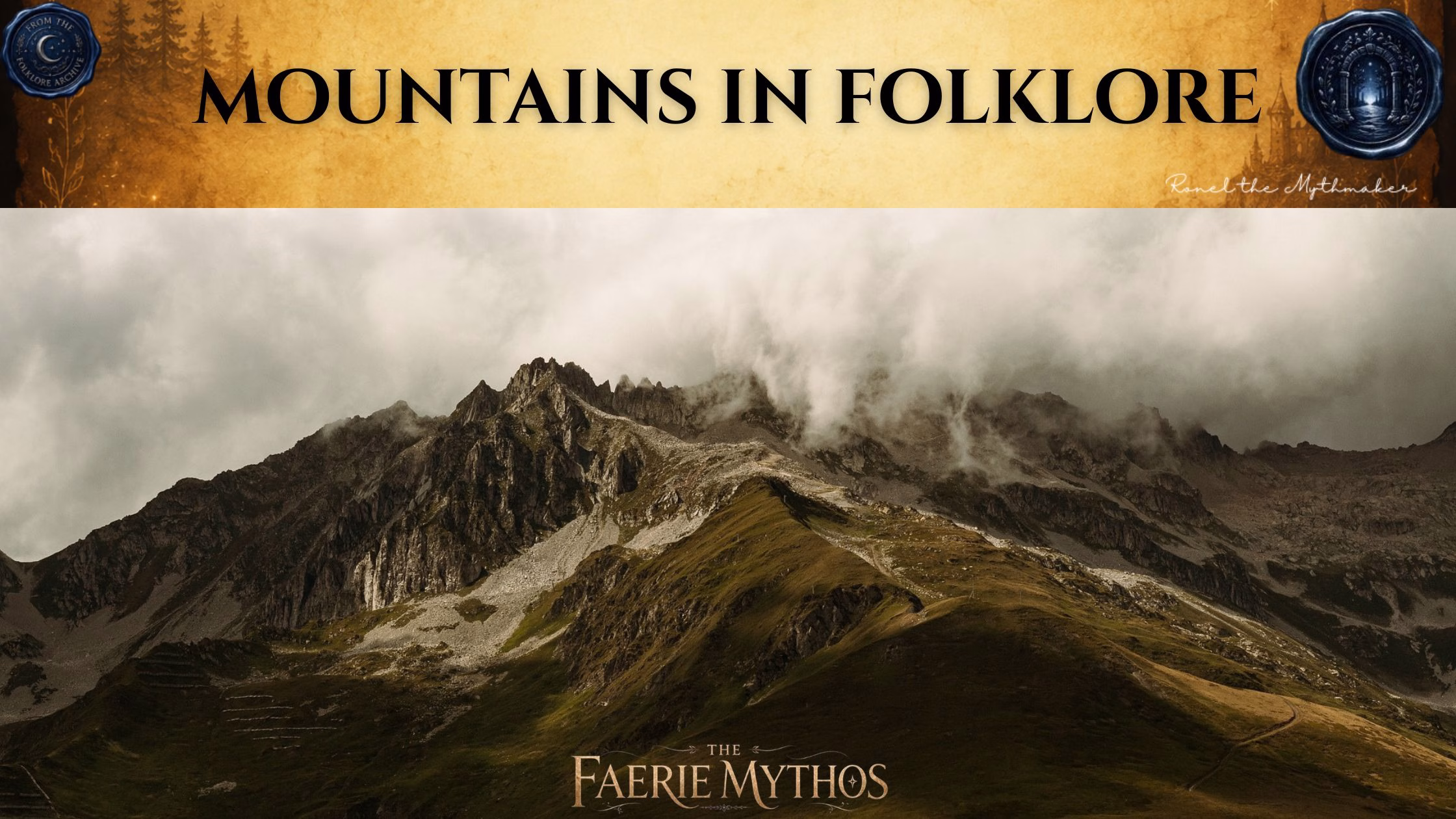 A banner titled "MOUNTAINS IN FOLKLORE" in elegant, dark-styled typography set against an antique, gold-textured background. The image features a rugged, dramatic mountain range partially shrouded in thick, low-hanging clouds and mist, consistent with a dark folkloric aesthetic. The bottom center displays "THE FAERIE MYTHOS" logo, while the signature "Ronel the Mythmaker" is in the upper right. The top corners feature the "Folklore Archive" circular wax-seal-style icons.