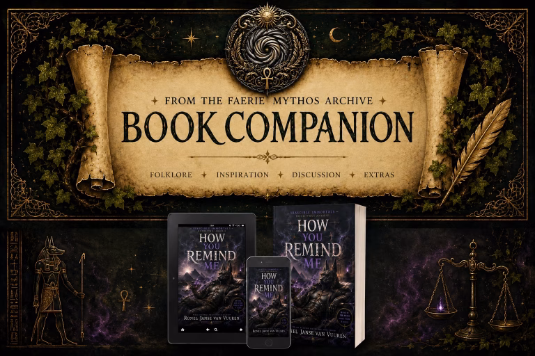 A dark academia-style promotional graphic set against a starry night sky framed by intricate golden filigree and glowing ivy. In the center, an unrolling antique parchment scroll features the text "From the Faerie Mythos Archive: Book Companion" along with the sub-headings "Folklore + Inspiration + Discussion + Extras". Below the scroll, mockups display the book How You Remind Me by Ronel Janse van Vuuren across a tablet, a smartphone, and a physical paperback. Flanking the devices are Egyptian-inspired motifs: an illustration of Anubis holding a staff on the left and a golden scale holding a glowing purple flame on the right.
