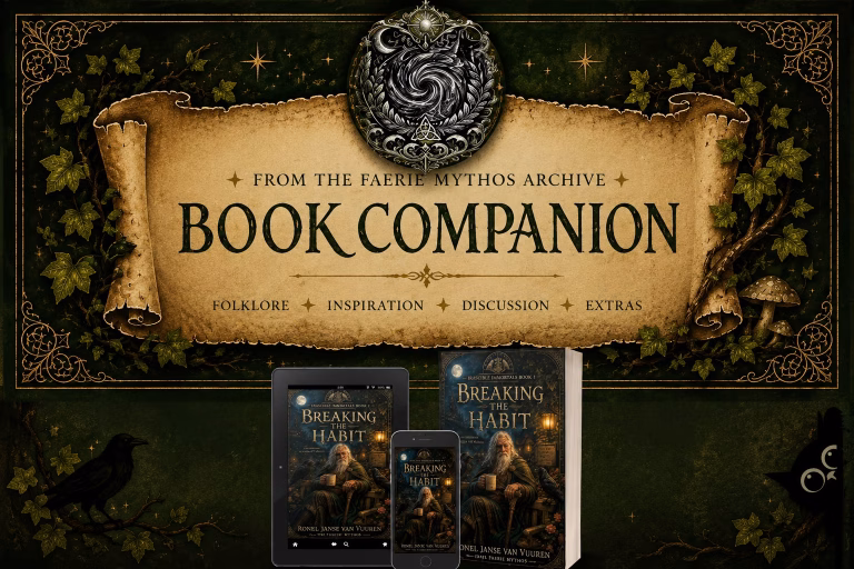 A dark fantasy promotional banner with a deep green, ivy-framed background and a central aged scroll. The text on the scroll reads: "FROM THE FAERIE MYTHOS ARCHIVE" above large text saying "BOOK COMPANION", followed by "FOLKLORE * INSPIRATION * DISCUSSION * EXTRAS". At the top center, an ornate circular crest features a swirl and botanical motifs. In the lower half, product mockups display the book "Breaking the Habit" by Ronel Janse van Vuuren shown on a tablet, a smartphone, and as a physical paperback.