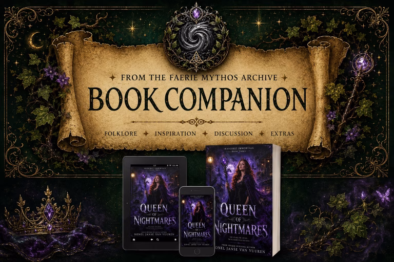 Dark fantasy aesthetic: A gothic book companion promotional banner styled with deep purples, dark greens, and glowing gold accents. Central scroll: An unfurled, aged parchment scroll dominates the upper center against a dark, star-lit background, featuring the text "FROM THE FAERIE MYTHOS ARCHIVE" and "BOOK COMPANION", flanked by subtext reading "FOLKLORE * INSPIRATION * DISCUSSION * EXTRAS". Framing and embellishments: The banner is framed by intricate green ivy vines with small purple blossoms, a crescent moon on the left, an ornate staff with a glowing purple crystal on the right, and a circular filigree medallion with a swirling vortex at the very top. Book mockups: Positioned in the lower portion of the image are a tablet, a smartphone, and a physical paperback book standing upright, all displaying the Queen of Nightmares cover art featuring a red-haired woman in a dark purple gown holding a glowing staff in a magical night setting. Foreground details: An ornate crown with purple jewels rests on a dark, draped velvet fabric on the lower left, while glowing purple butterflies and magical mist accent the lower right.