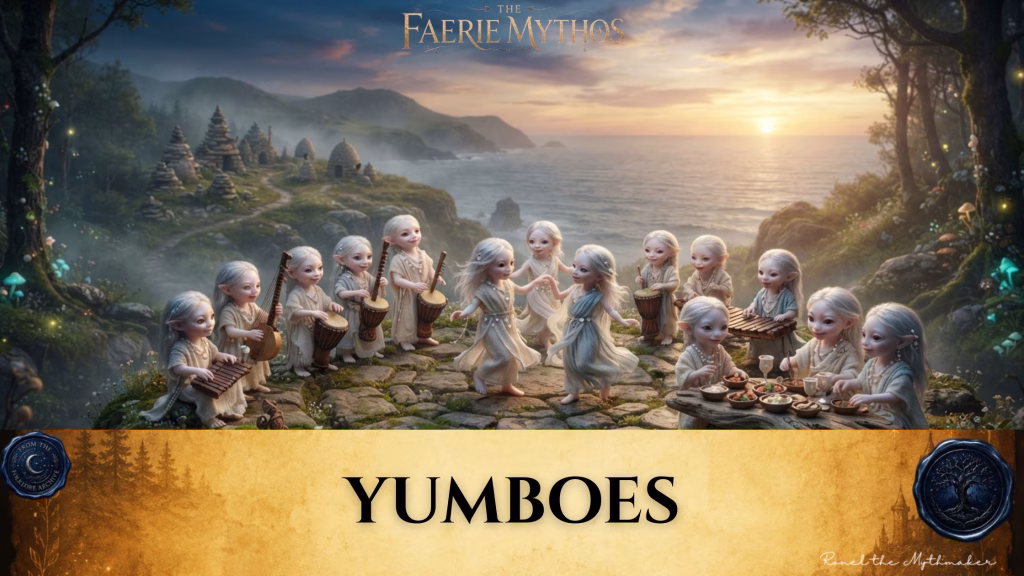 "A digital illustration for 'The Faerie Mythos' featuring a group of small, pale, elven-like Yumboes with long hair, dressed in simple light tunics. They are gathered on a stone cliff overlooking a misty sea at sunset. Some Yumboes play musical instruments like drums and xylophones, two are dancing in the center, and others sit at a rustic table sharing a meal. The bottom of the image features a tan parchment-style banner with the text 'YUMBOES' in black, flanked by circular seals."